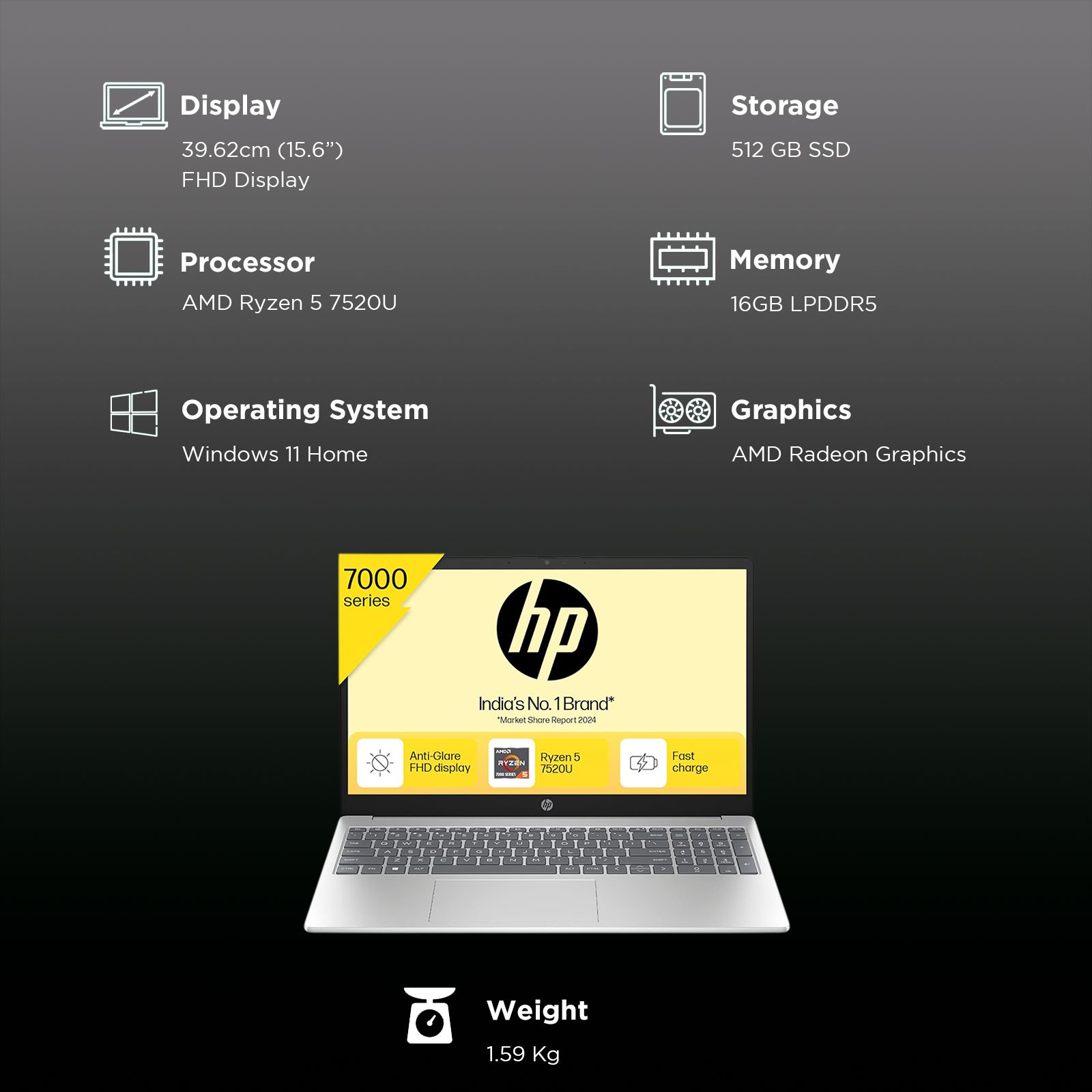 HP 15-fc0156AU AMD Ryzen 5 Thin & Light Laptop (16GB, 512GB SSD, Windows 11 Home, 15.6 inch Full HD Display, MS Office Home 2021, Natural Silver, 1.59 KG)_3