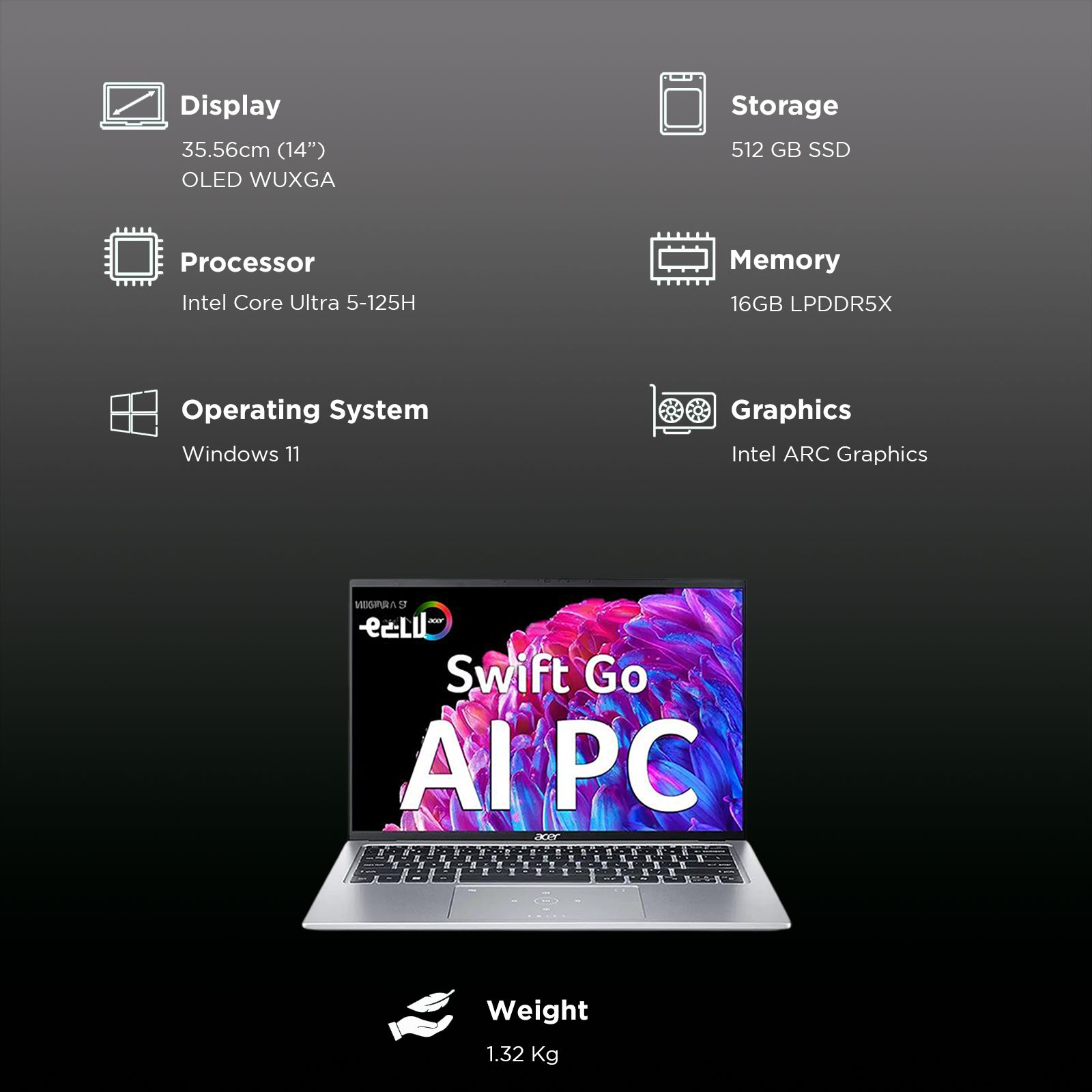 Acer Swift Go 14 Intel Core Ultra 5 Thin & Light Laptop (16GB, 512GB SSD, Windows 11 Home, 14 inch OLED WUXGA Display, MS Office, Pure Silver, 1.32 KG) Acer Swift Go 14 Intel Core Ultra 5 Thin & Light Laptop (16GB, 512GB SSD, Windows 11 Home, 14 inch OLED WUXGA Display, MS Office, Pure Silver, 1.32 KG)_2