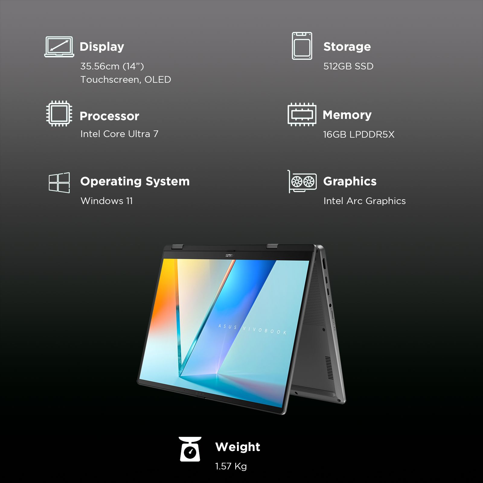 ASUS Vivobook 1 Flip Intel Core Ultra 7 256V Touchscreen 2-in-1 Laptop (16GB, 512GB SSD, Windows 11 Home, 14 inch OLED Display, MS Office Home 2024, Matte Gray, 1.57 KG)_3