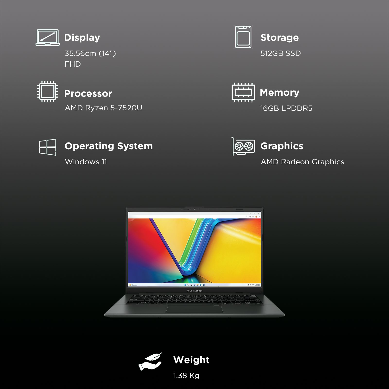 ASUS Vivobook Go 14 AMD Ryzen 5 7520U Thin & Light Laptop (16GB, 512GB SSD, Windows 11 home, AMD Radeon Graphics, 14 inch Full HD Display, MS Office Home 2024, Mixed Black, 1.38 KG) ASUS Vivobook Go 14 AMD Ryzen 5 7520U Thin & Light Laptop (16GB, 512GB SSD, Windows 11 home, AMD Radeon Graphics, 14 inch Full HD Display, MS Office Home 2024, Mixed Black, 1.38 KG)_3