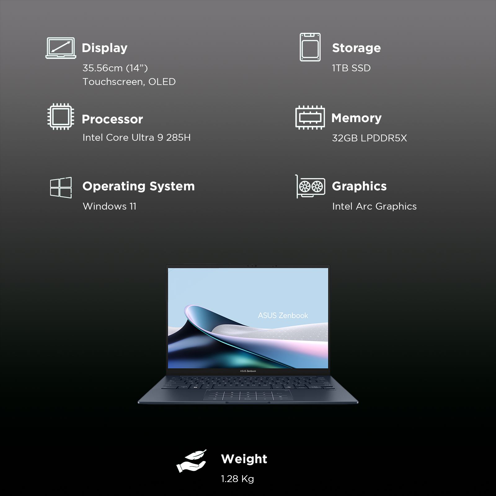 ASUS Zenbook 1 Intel Core Ultra 9 285H Touchscreen Notebook Laptop (32GB, 1TB SSD, Windows 11 Home, 14 inch OLED Display, MS Office 2024, Ponder Blue, 1.28 KG)_3