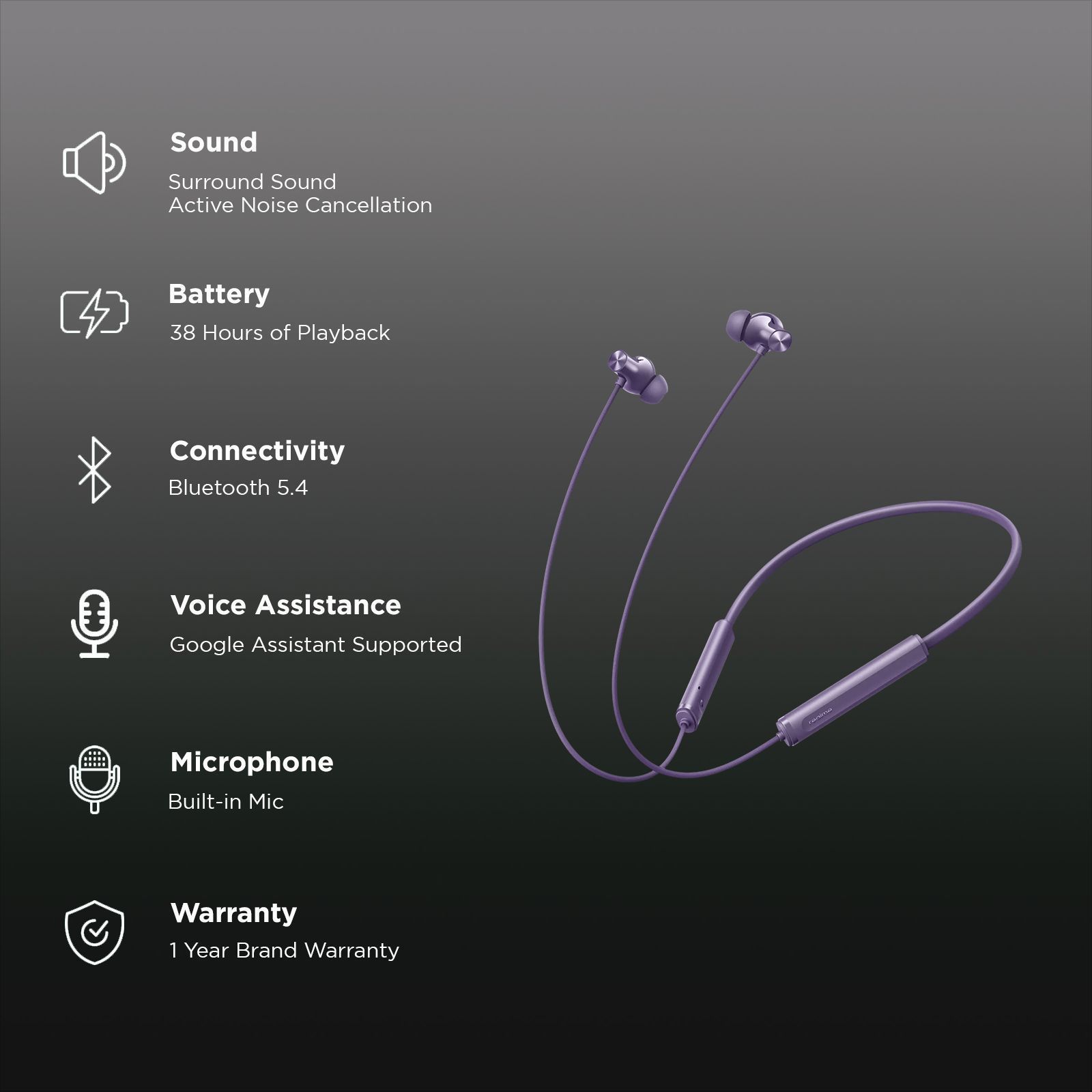  realme Buds Wireless 5 Neckband with Active Noise Cancellation (IP55 Dust & Water Resistant, Smart De-Wind Technology, Twilight Purple)_2