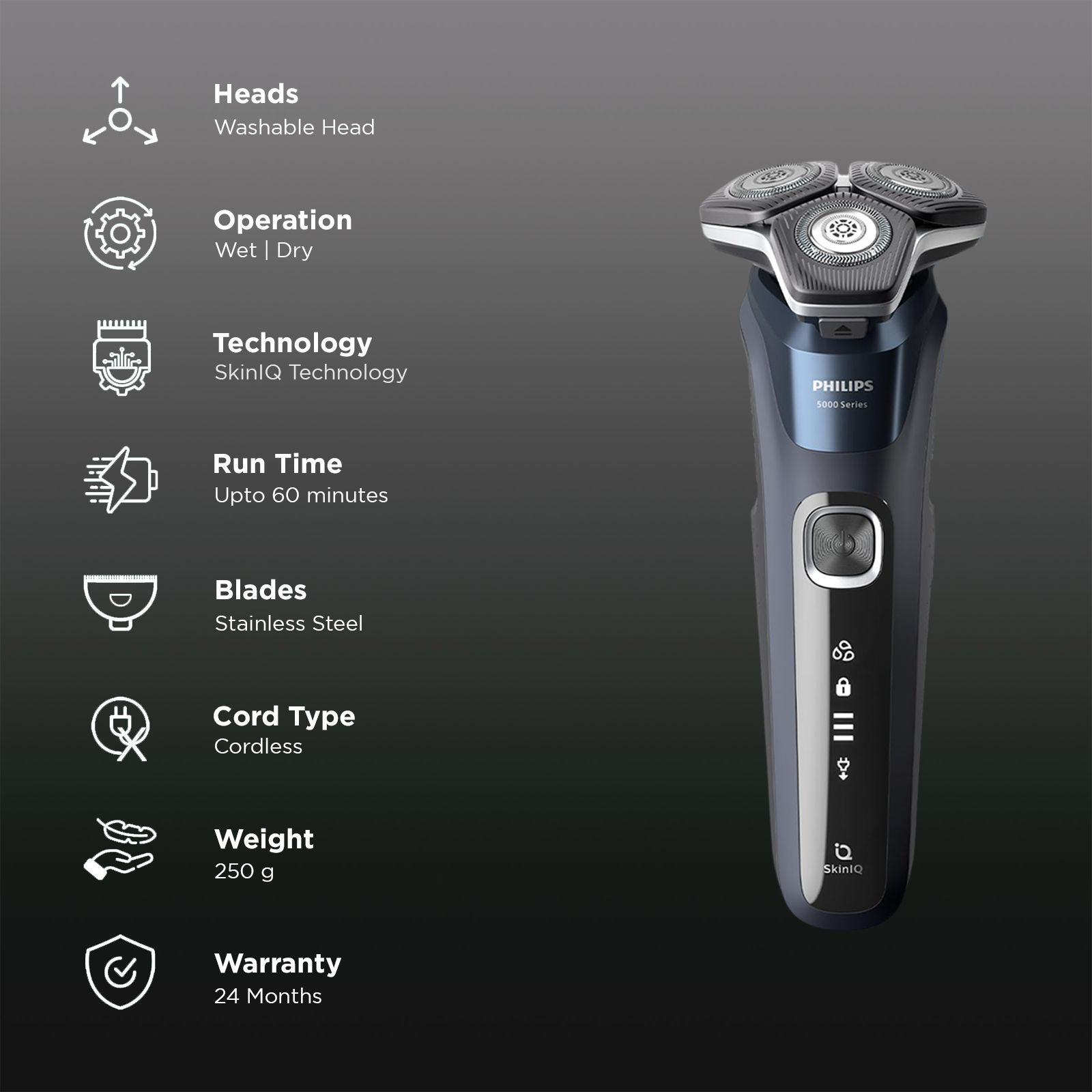 PHILIPS 5000 Series Rechargeable Cordless Shaver for Face for Men (60mins Runtime, SkinIQ Technology, Blue) PHILIPS 5000 Series Rechargeable Cordless Shaver for Face for Men (60mins Runtime, SkinIQ Technology, Blue)_2