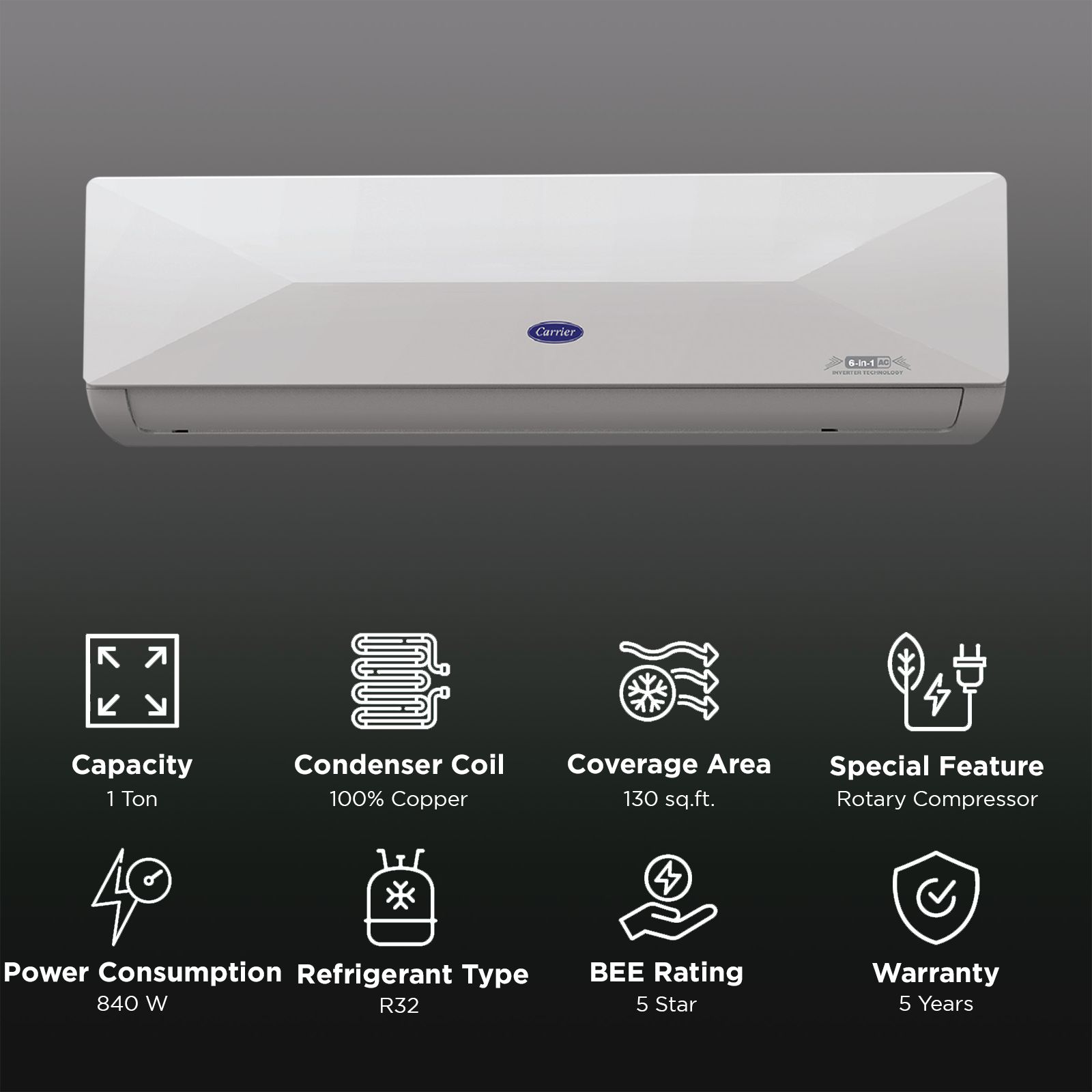 Carrier XCEL EDGE Fxi 6 in 1 Convertible 1 Ton 5 Star Inverter Split AC with PM 2.5 Micron Filter (Copper Condenser, CAI12CE5R35F0)_3