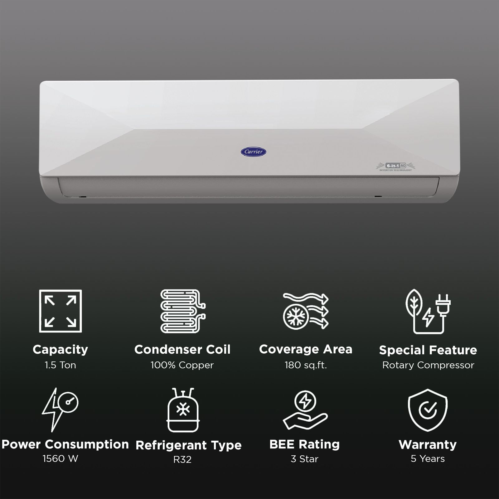 Carrier XCEL EDGE Fxi 6 in 1 Convertible 1.5 Ton 3 Star Inverter Split AC with PM 2.5 Micron Filter (Copper Condenser, CAI18CE3R35F0)_3