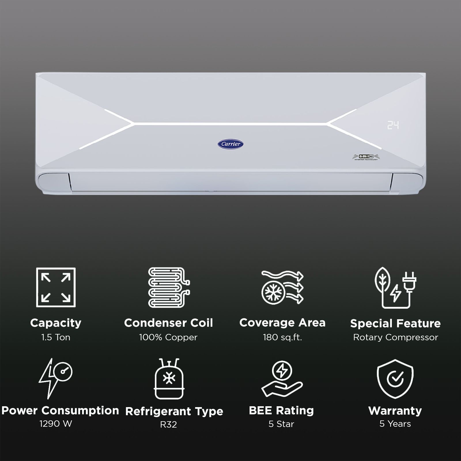 Carrier XPERT LUMO Fxi 6 in 1 Convertible 1.5 Ton 5 Star Inverter Split Smart AC with Wi-Fi Supported (Copper Condenser, CAI20PL5R35W0) Carrier XPERT LUMO Fxi 6 in 1 Convertible 1.5 Ton 5 Star Inverter Split Smart AC with Wi-Fi Supported (Copper Condenser, CAI20PL5R35W0)_2