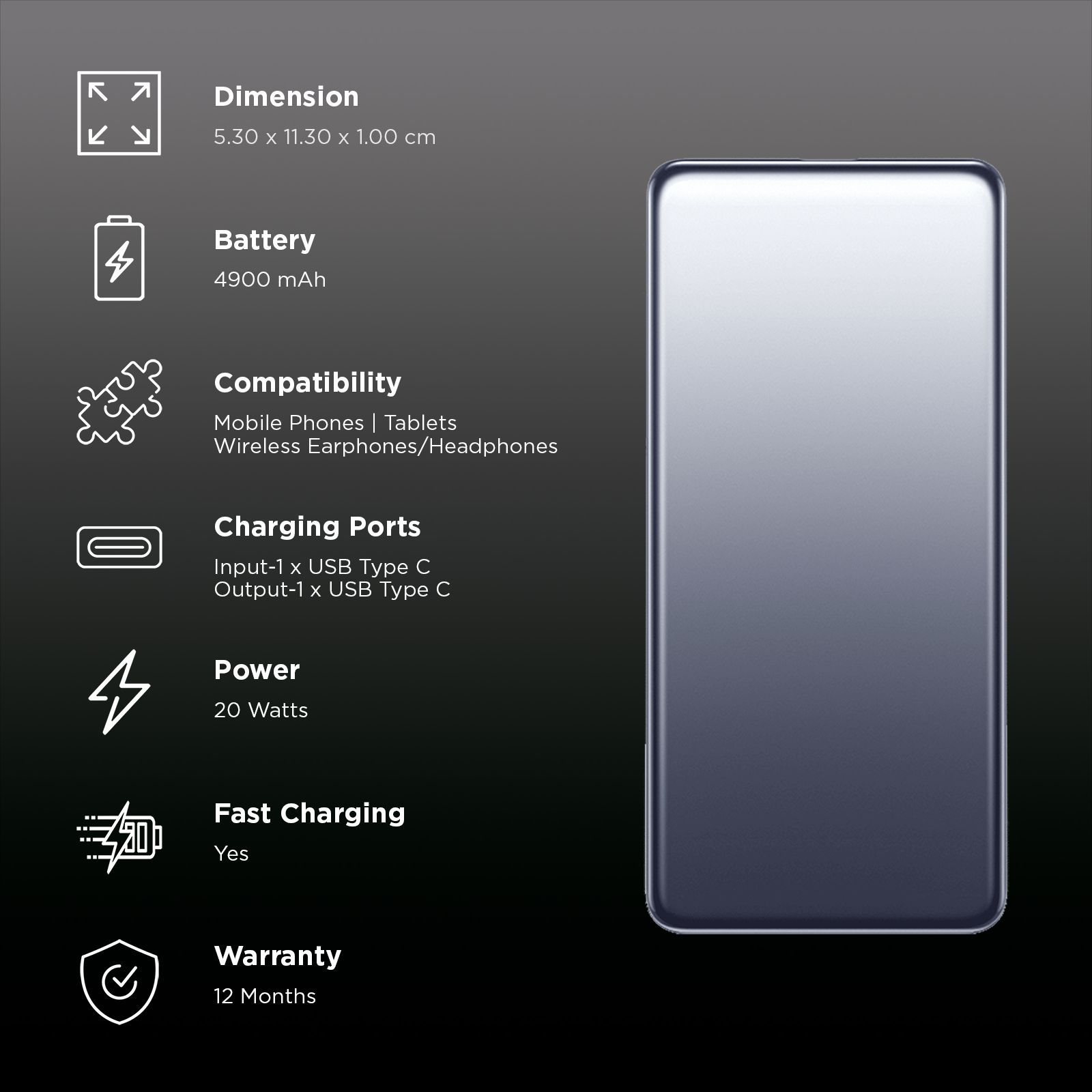 Xiaomi Ultra Slim 4900 mAh 20W Fast Charging Power Bank (1 Type C Port, 12 Layers of Protection, Silver)_3