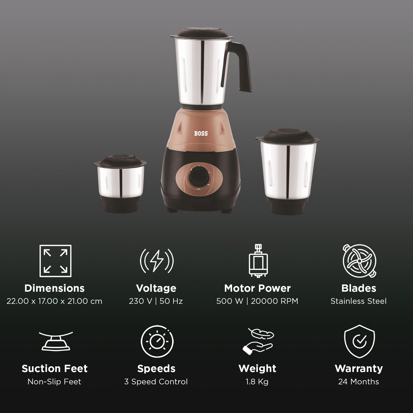 BOSS Bravo B274 500 Watt 3 Jars Mixer Grinder (20000 RPM, Auto Switch Off, Beige)_3