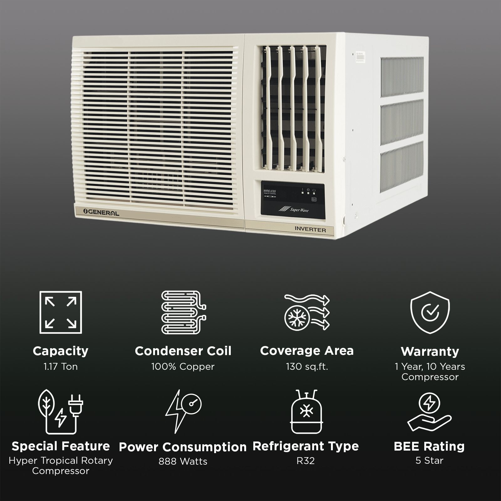 O GENERAL Hyper Tropical 1.17 Ton 5 Star Inverter Window AC (Copper Condenser, AFGB14CHWA-B)_2