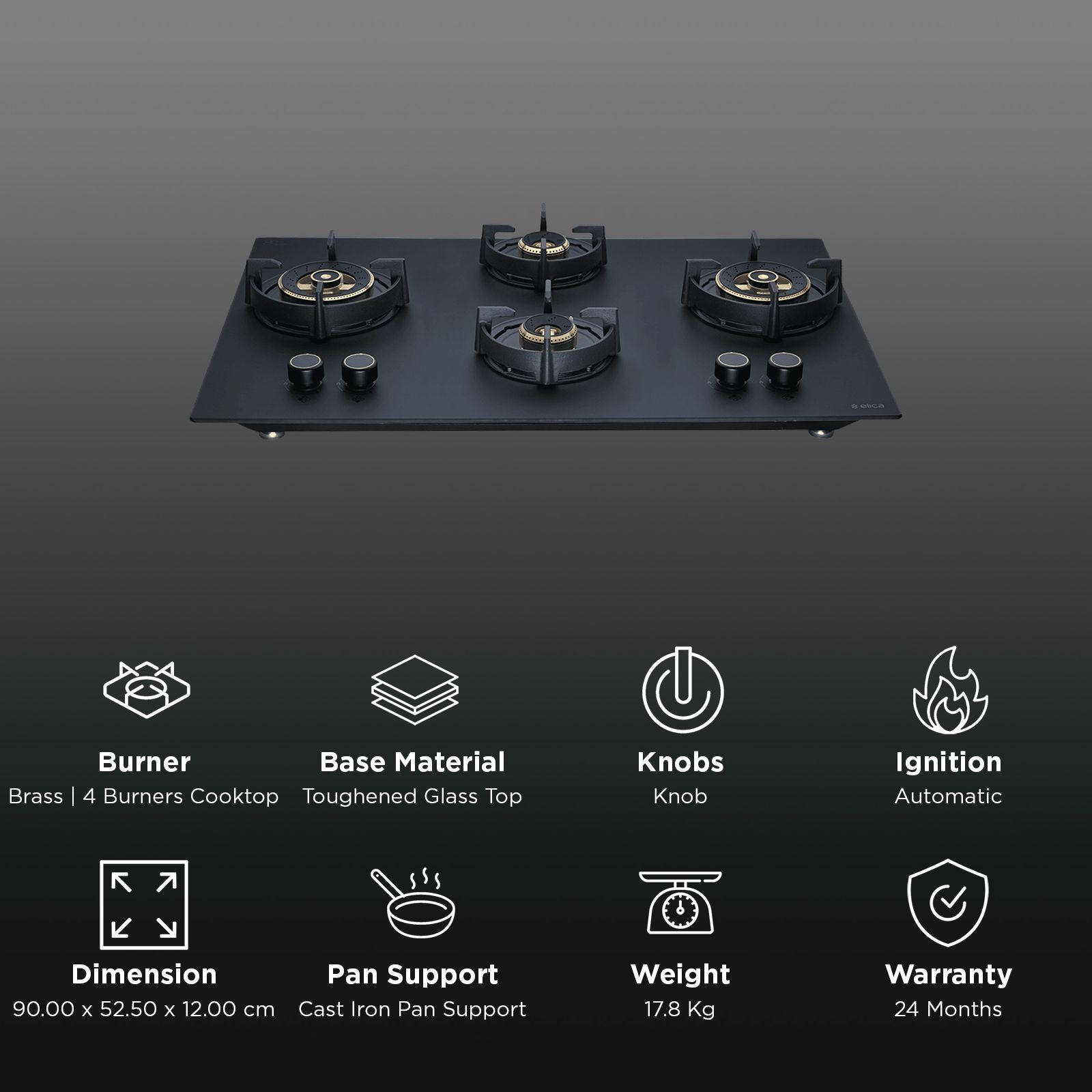 elica MATT FLEXI DFS HE FB 4B 91 DX Toughened Glass Top 4 Burner Automatic Hob (Cast Iron Pan Support with Heat Guard, Matt Finish Black Glass)_3