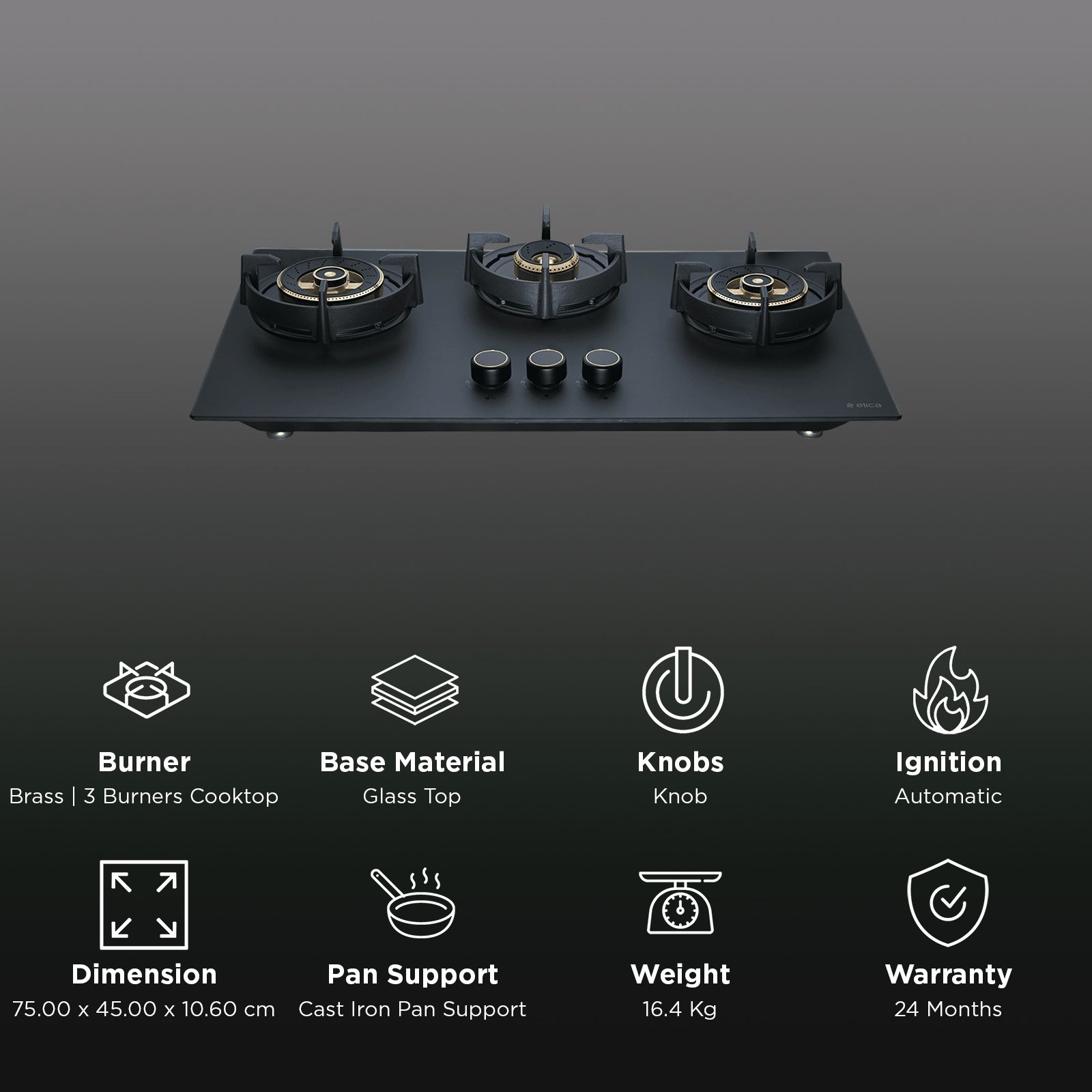 elica MATT FLEXI DFS HE FB 3B 75 DX Glass Top 3 Burner Automatic Hob (Cast Iron Pan Supportwith Heat Guard, Matt Finish Black Glass)_3