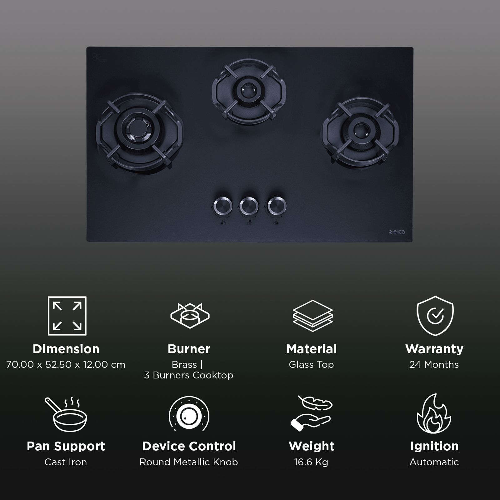 elica MATT FLEXI HEXA 370 LOTUS IND HD BRASS Glass Top 3 Burner Automatic Hob (Cast Iron Pan Support, Matt Finish Black Glass)_3