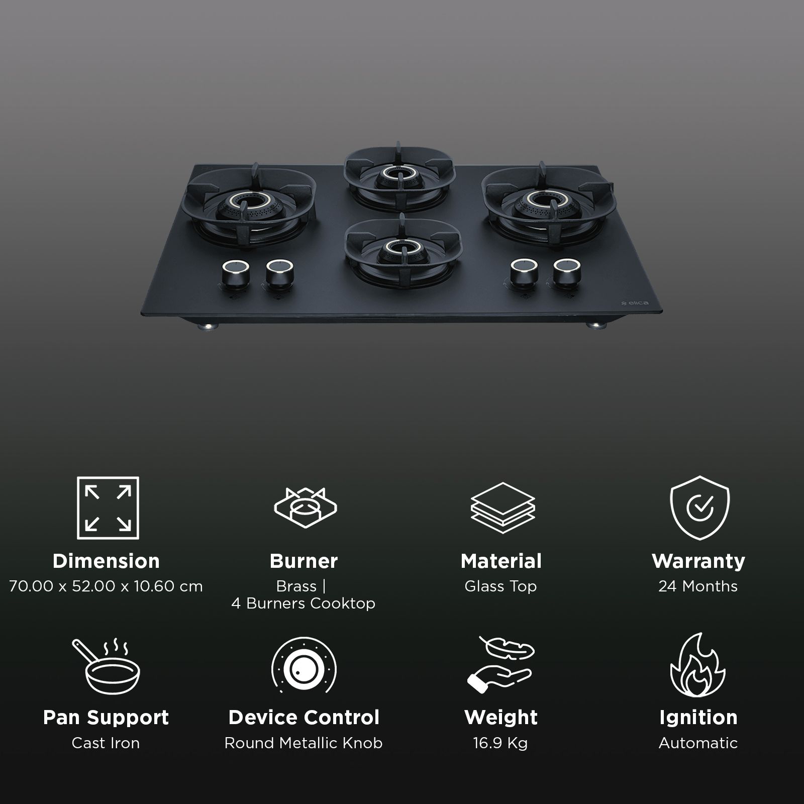 elica MATT CROWN FLEXI 470 LOTUS IND HD BRASS Glass Top 4 Burner Automatic Hob (Cast Iron Pan Support with Heat Guard, Matt Finish Black Glass)_3