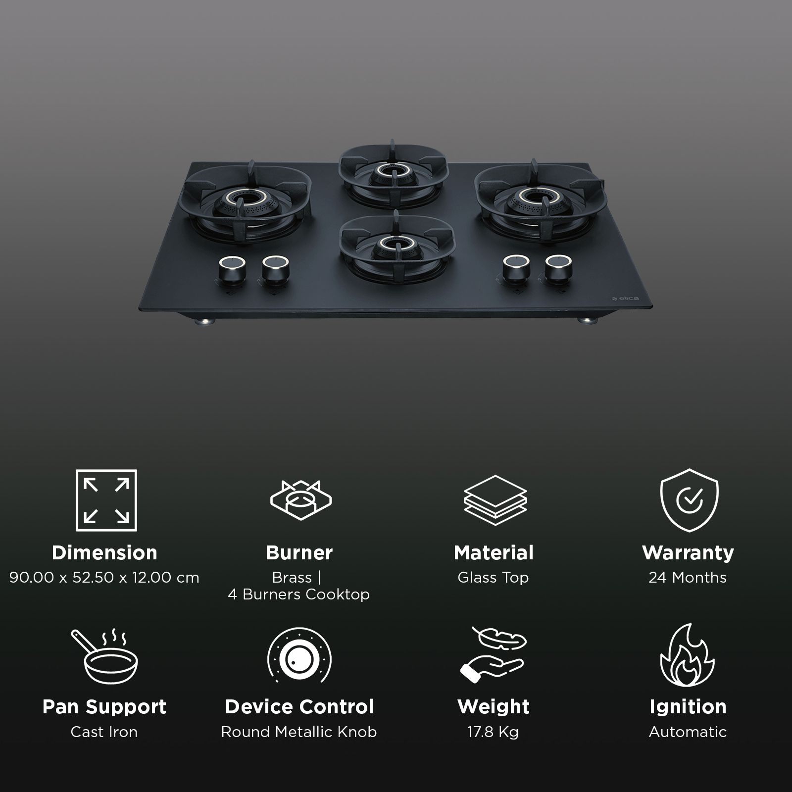 elica MATT CROWN FLEXI 491 LOTUS IND HD BRASS Glass Top 4 Burner Automatic Hob (Cast Iron Pan Support with Heat Guard, Matt Finish Black Glass)_3