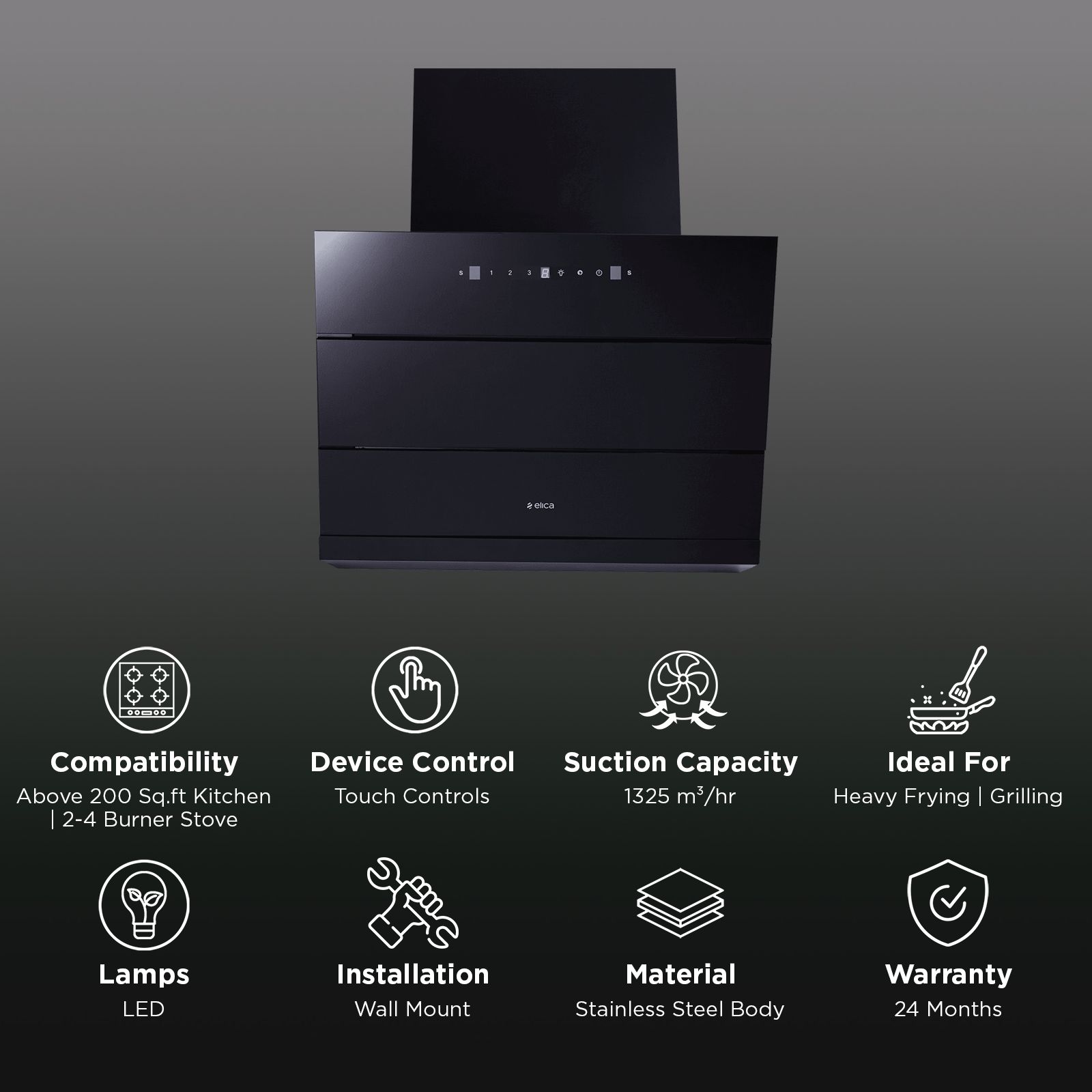 elica EFL 3V 601 HAC LTW MS NERO 60cm 1325m3/hr Ductless Auto Clean Cabinet & Hob Mounted Chimney with Motion Sensor (Black)_3