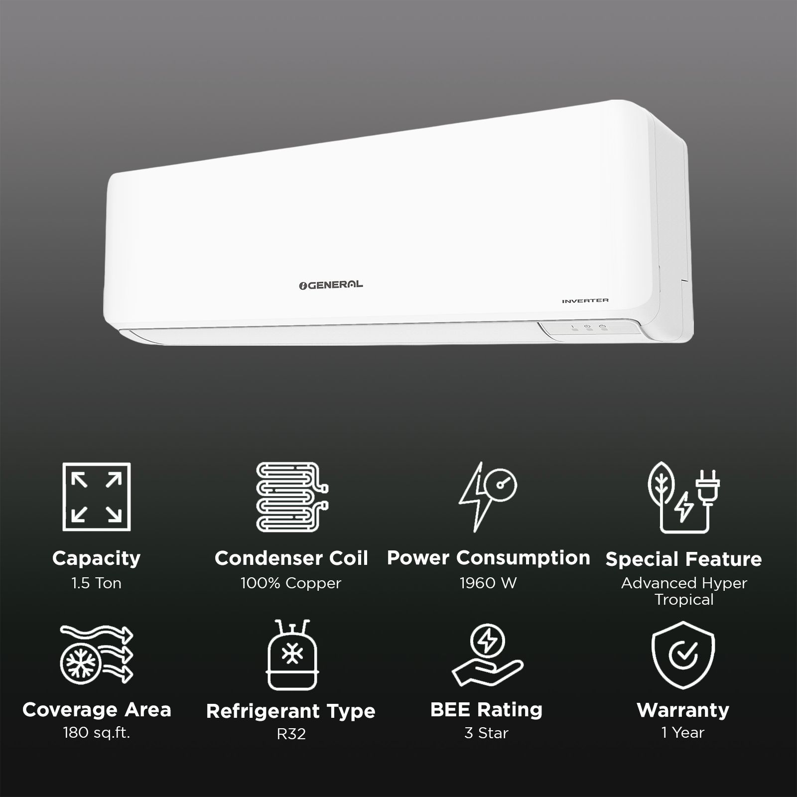 O GENERAL Hyper Advanced Tropical Rotary 1.5 Ton 3 Star Inverter Split AC (Copper Condenser, ASGG18CNAA-B) O GENERAL Hyper Advanced Tropical Rotary 1.5 Ton 3 Star Inverter Split AC (Copper Condenser, ASGG18CNAA-B)_2