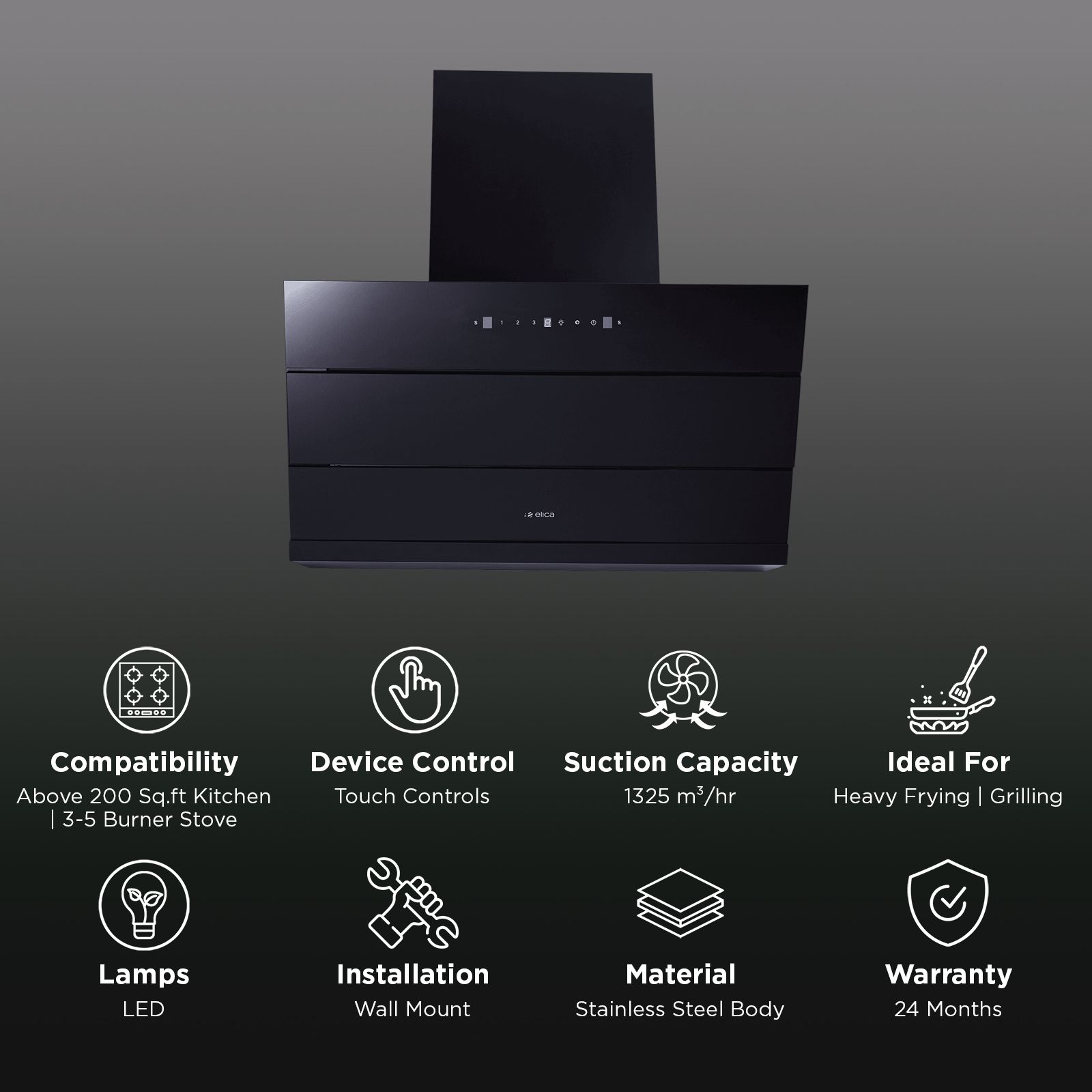 elica EFL 3V 901 HAC LTW MS NERO 90cm 1325m3/hr Ductless Cabinet/Hob Mounted Chimney with Motion Sensor Control (Black)_3