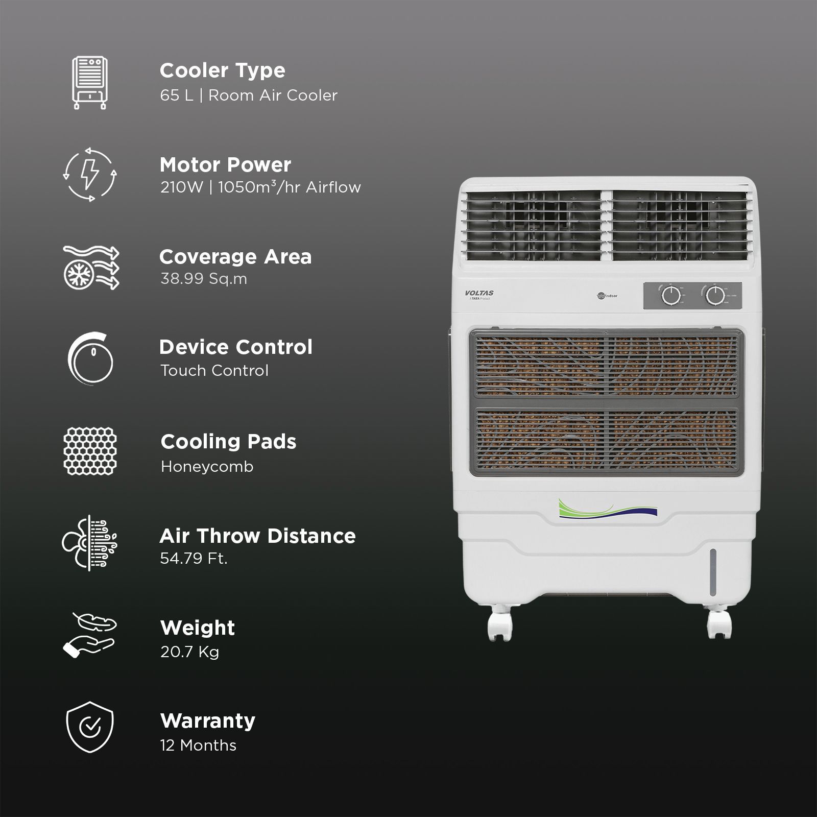 VOLTAS Windsor 65T 65 Litres Room Air Cooler with Thermal Overload Protection (3 Speed Control, White)_3