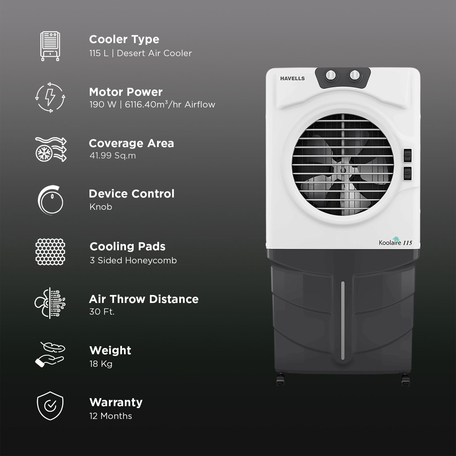HAVELLS KoolAire 115 Litres Desert Air Cooler with Thermal Overload Protection (Inverter Compatible, White & Grey)_3