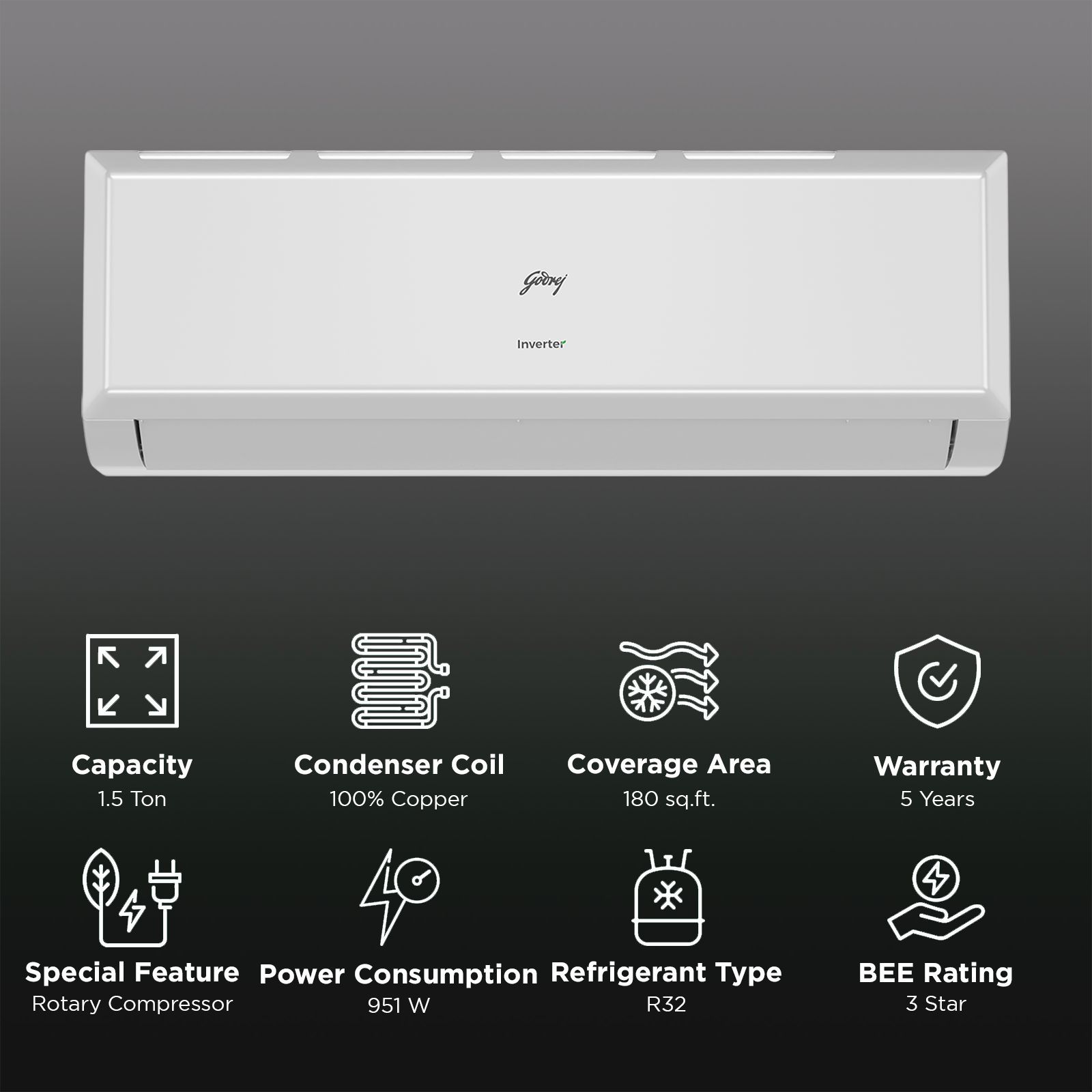 Godrej P Series Convertible 1.5 Ton 3 Star Inverter Split AC with I-Sense Technology (Copper Condenser, 40101701SD01549) Godrej P Series Convertible 1.5 Ton 3 Star Inverter Split AC with I-Sense Technology (Copper Condenser, 40101701SD01549)_2