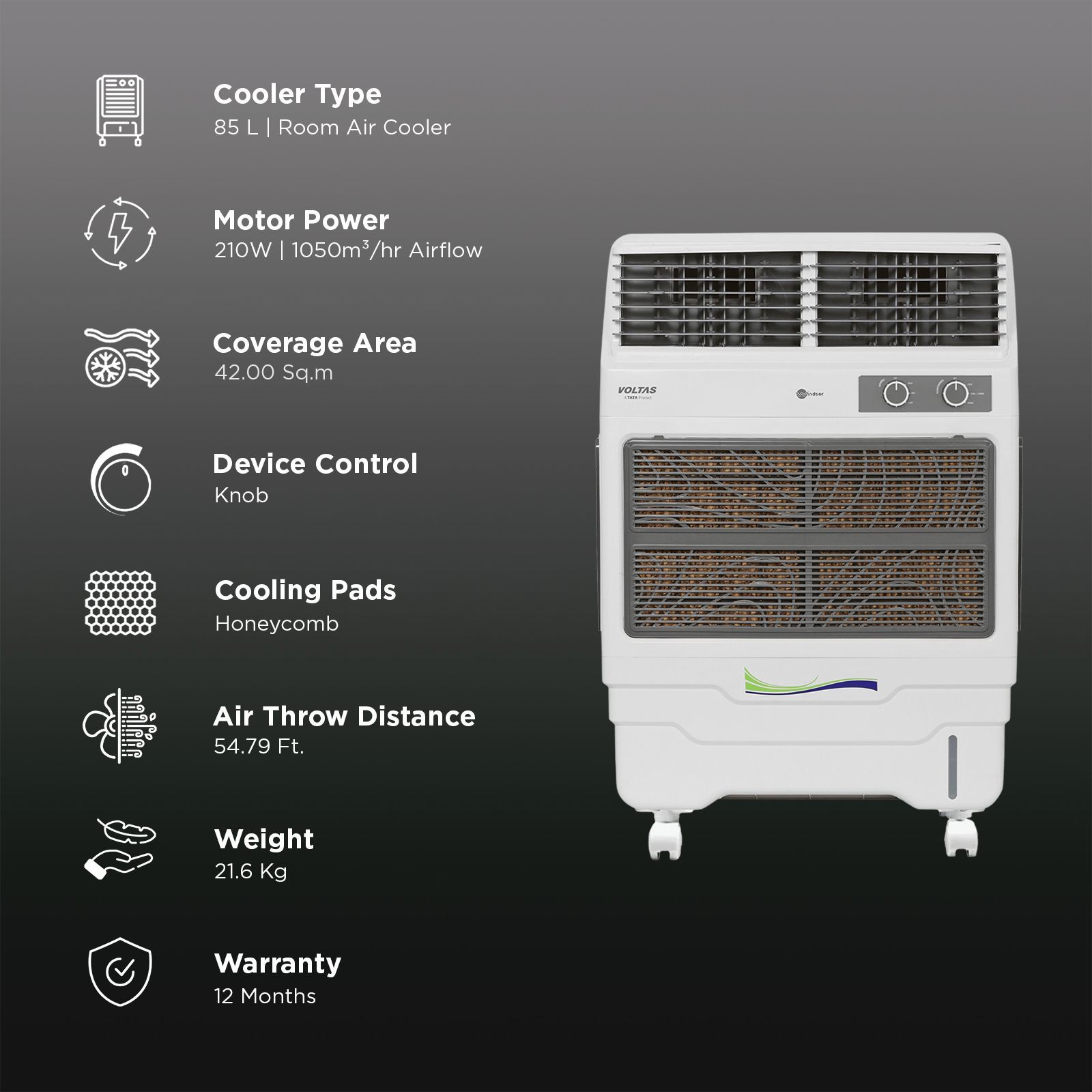 VOLTAS Windsor 85 Litres Room Air Cooler with Thermal Overload Protection (3 Speed Control, White & Grey) VOLTAS Windsor 85 Litres Room Air Cooler with Thermal Overload Protection (3 Speed Control, White & Grey)_3