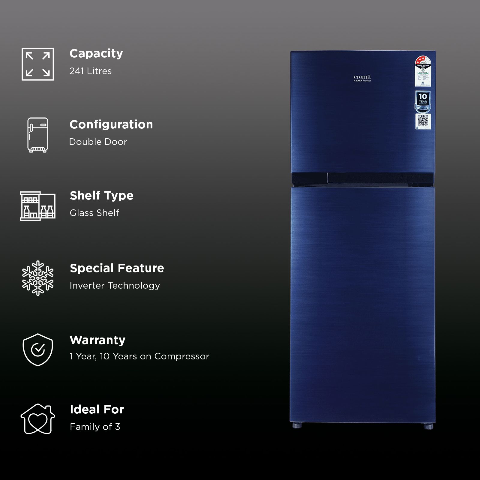 Croma 241 Litres 3 Star Frost Free Double Door Refrigerator with Inverter Technology (CRLR241FID302756, Blue)_1