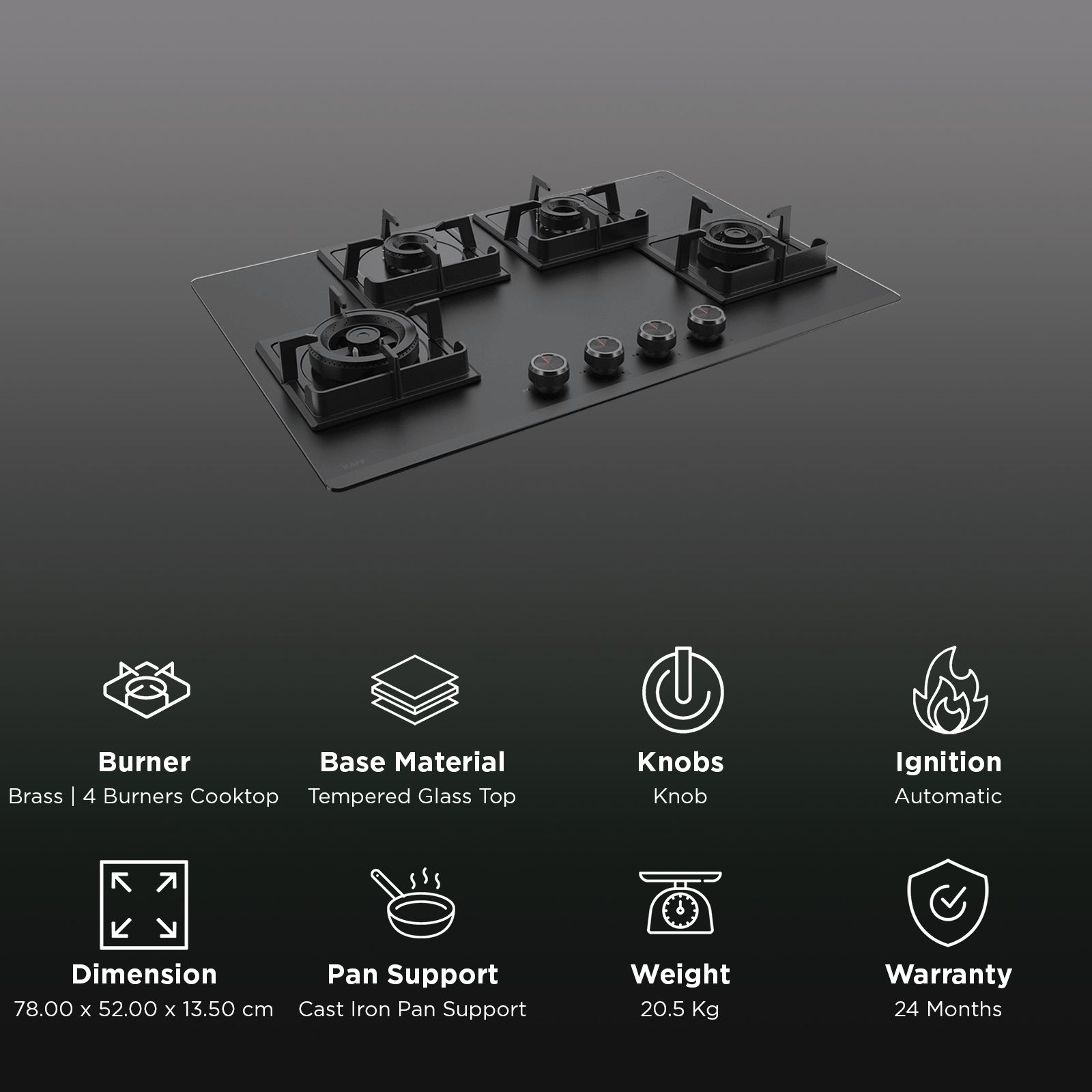 KAFF NYG 784B Tempered Glass Top 4 Burner Automatic Hob (Flame Failure Device, Black)_3