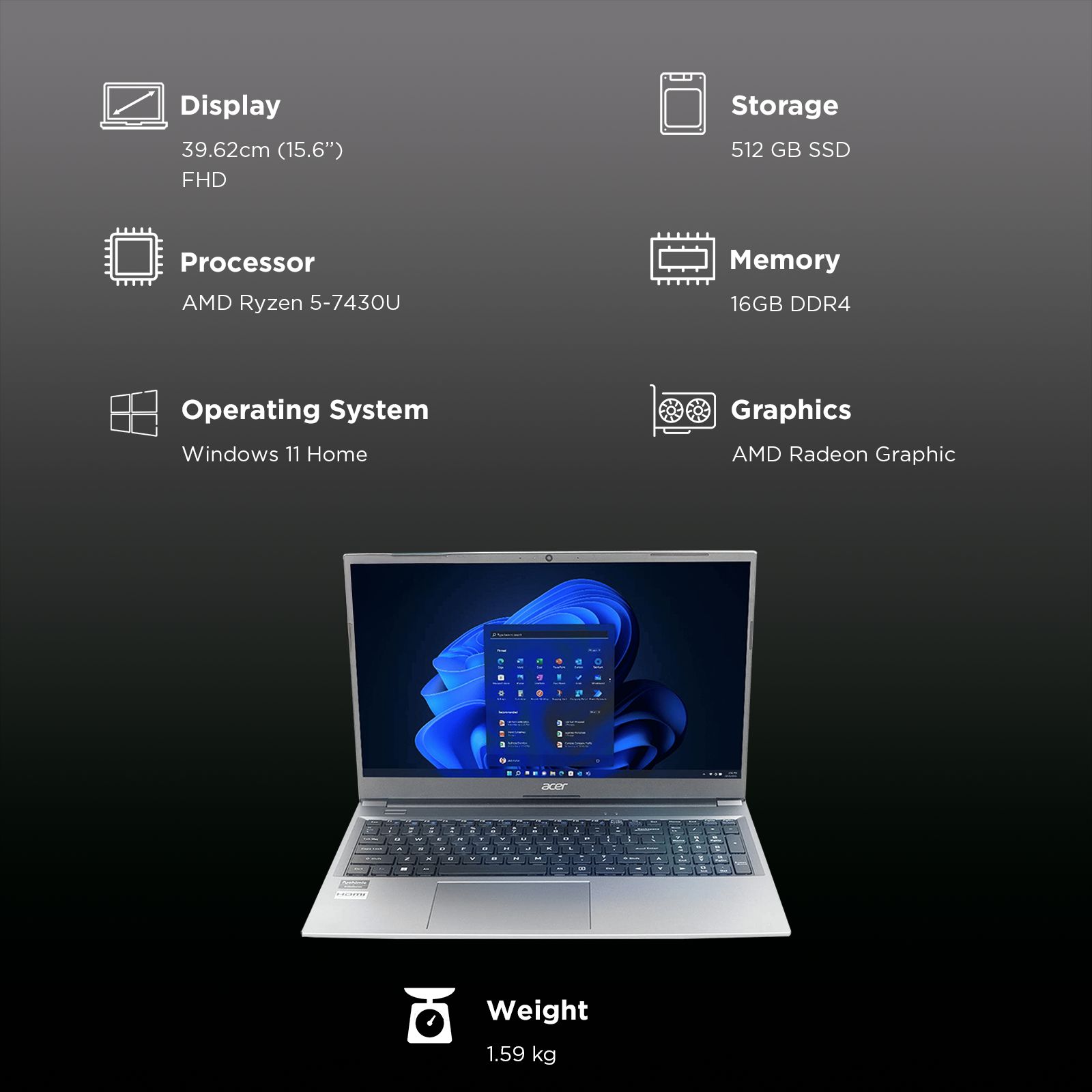 acer Aspire Lite AL15-41 AMD Ryzen 5 7430U Thin & Light Laptop (16GB, 512GB SSD, Windows 11 Home, 15.6 inch Full HD TN Display, MS Office Home & Student 2021, Steel Grey, 1.59 KG)_3