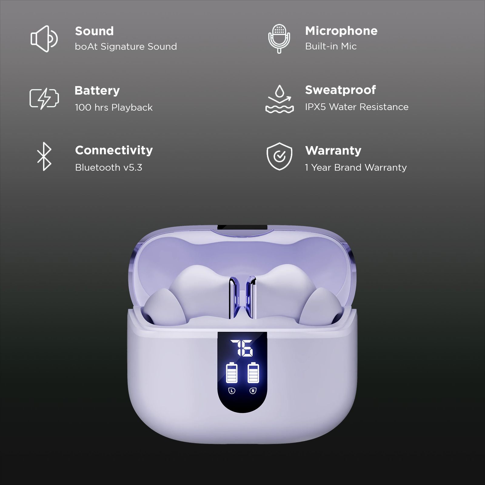 boAt Airdopes 181 Pro TWS Earbuds with Environmental Noise Cancellation (IPX5 Water Resistant, 4 Mics ENx Technology, Lilac Serenity)_2