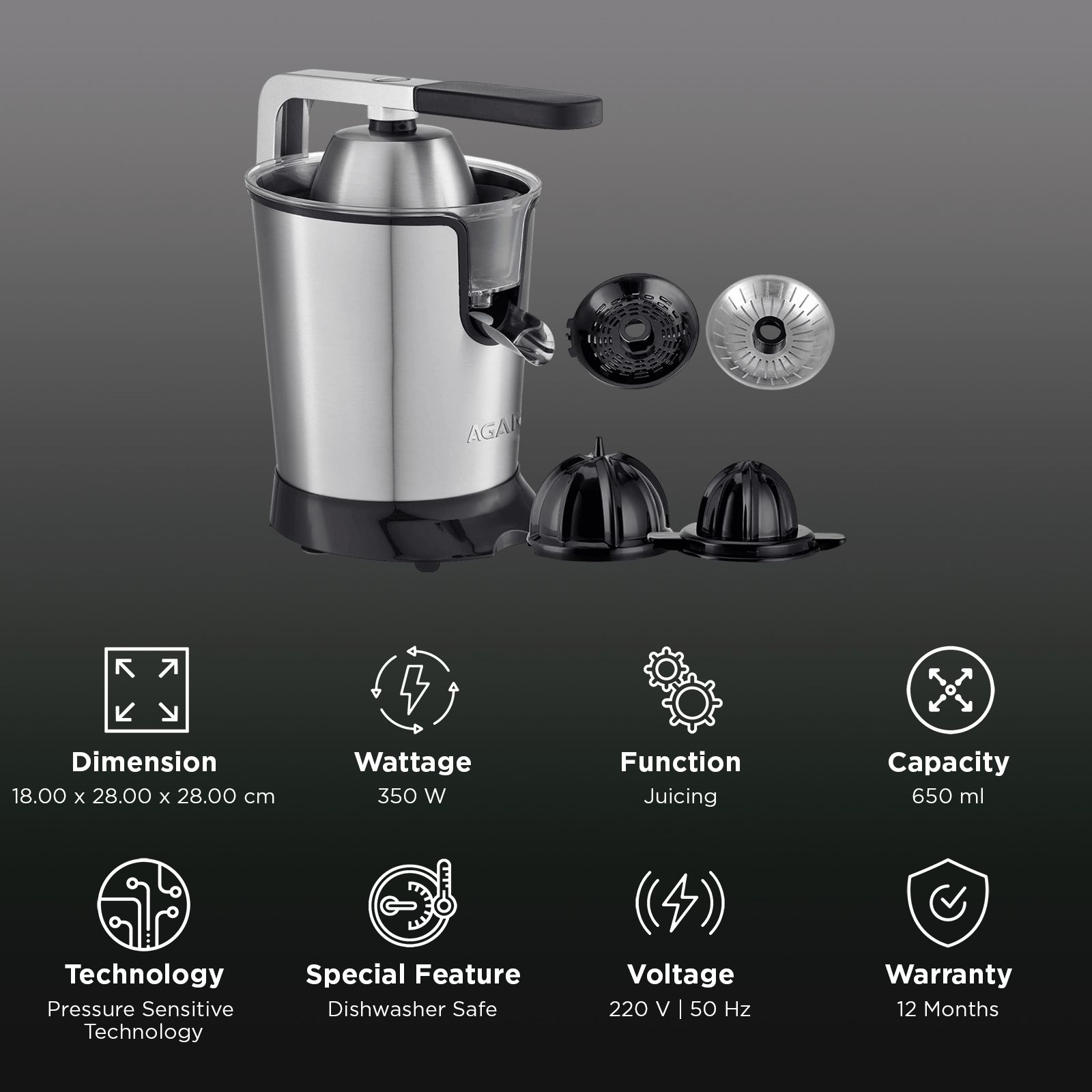 AGARO Regency 350 Watt 1 Jar Electric Citrus Juicer (Stainless Steel Body, Silver and Black)_3