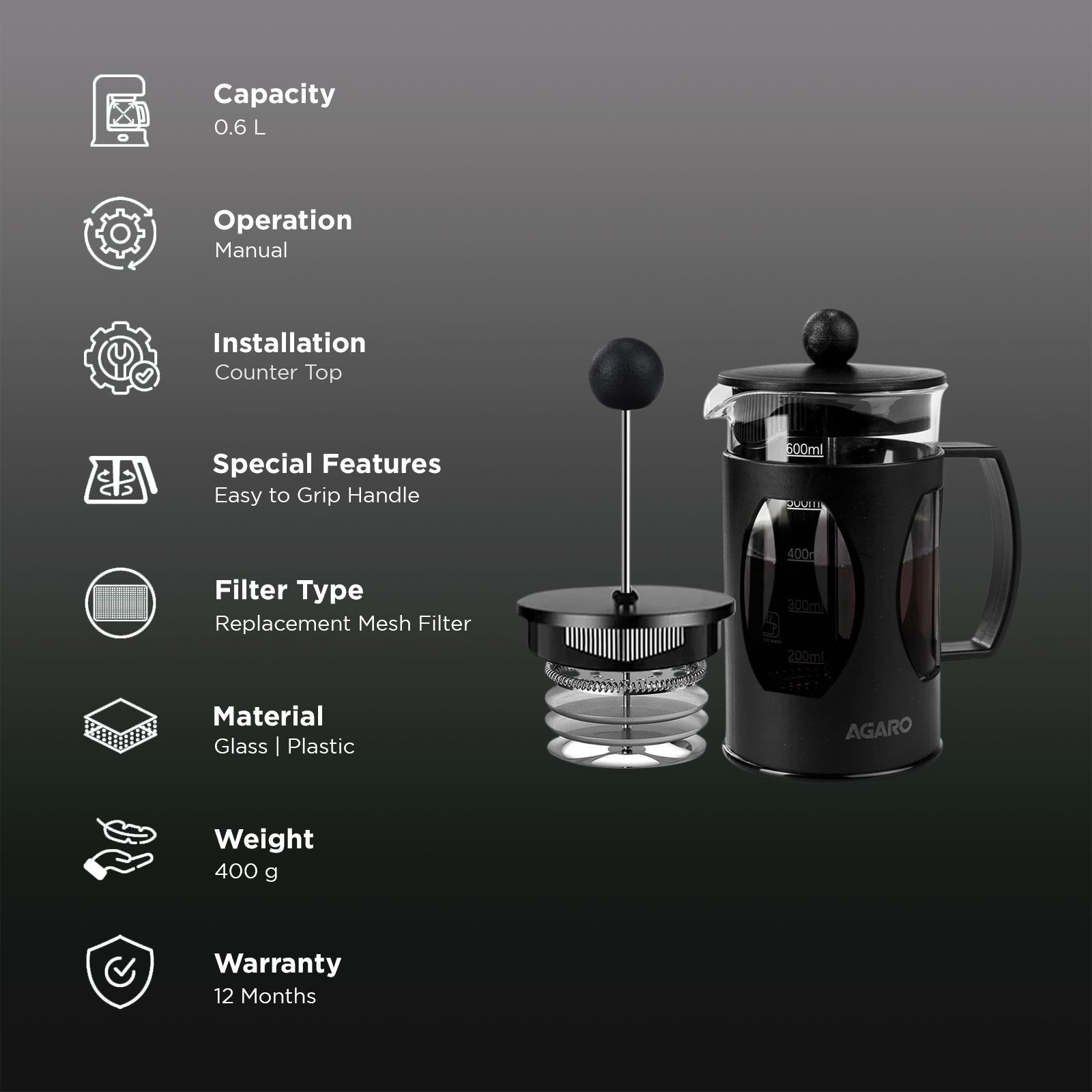AGARO Elite Manual French Press Coffee & Tea Maker with 4 Level Filtration System (Black)_3