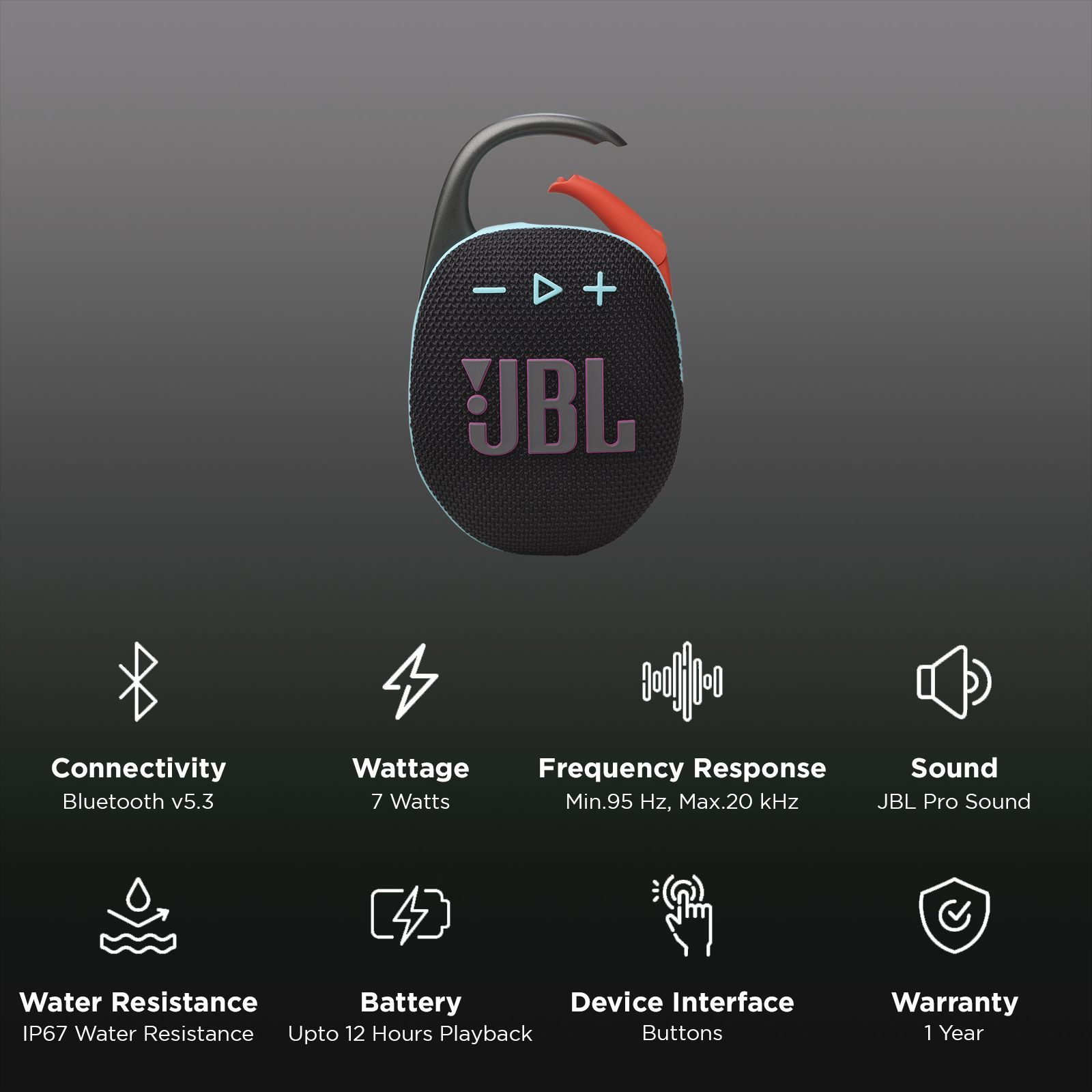 JBL Clip 5 7W Portable Bluetooth Speaker (IP67 Water Proof, Supports Auracast, Black and Orange)_2