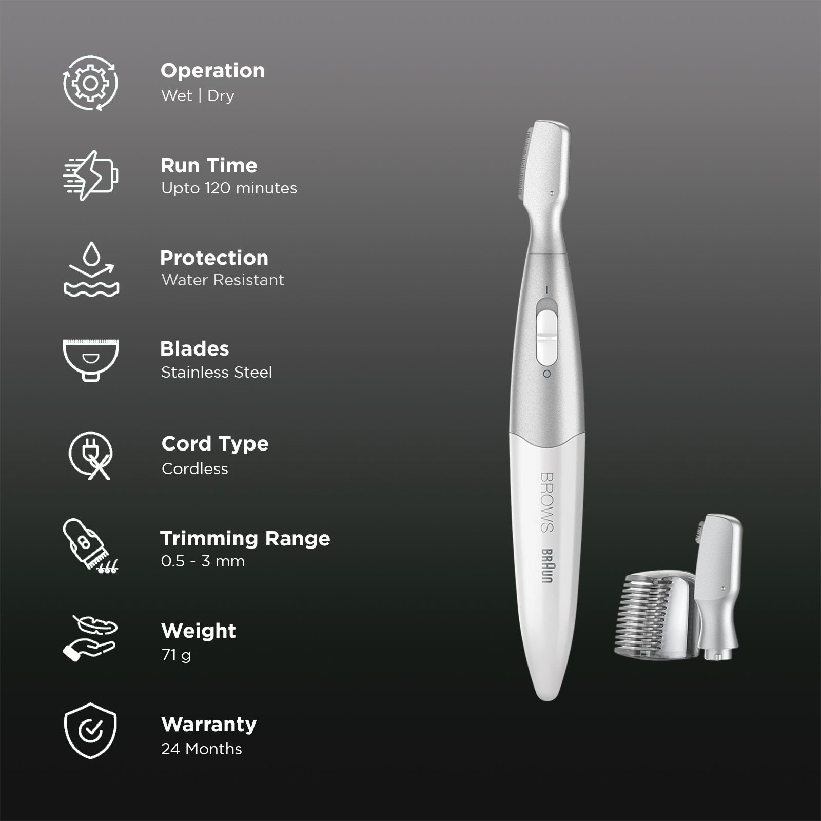 BRAUN FG1106 Cordless Wet & Dry Trimmer for Nose, Ear & Eyebrow with 4 Length Settings for Women (120mins Runtime, Water Resistant, Grey)_2
