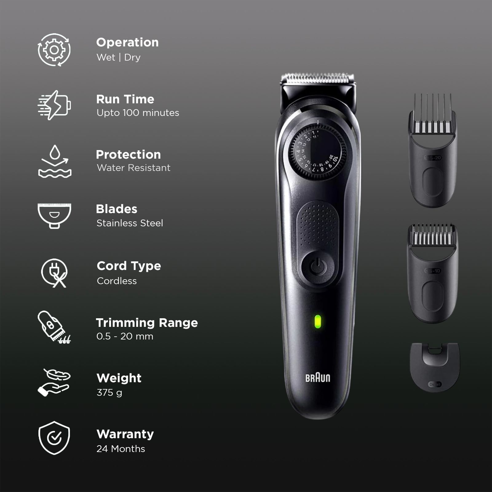 BRAUN Series 5 Rechargeable Cordless Wet & Dry Trimmer for Beard & Moustache with 39 Length Settings for Men (100 Minutes Runtime, Quick Charging, Black)_2