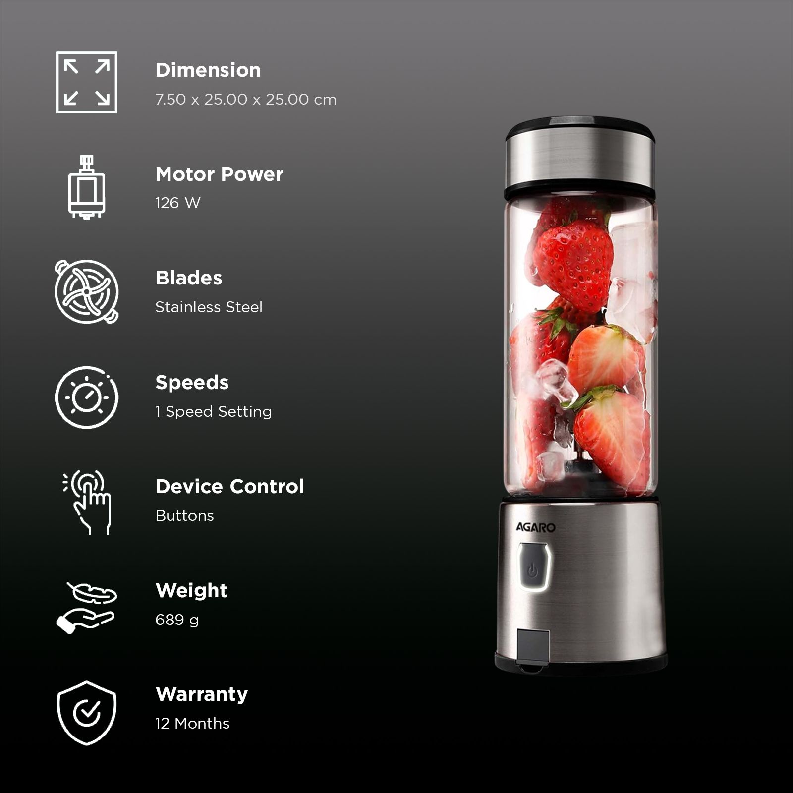 AGARO Galaxy Portable Blender with 3000 mAh Rechargeable Battery (450ml, Black)_2