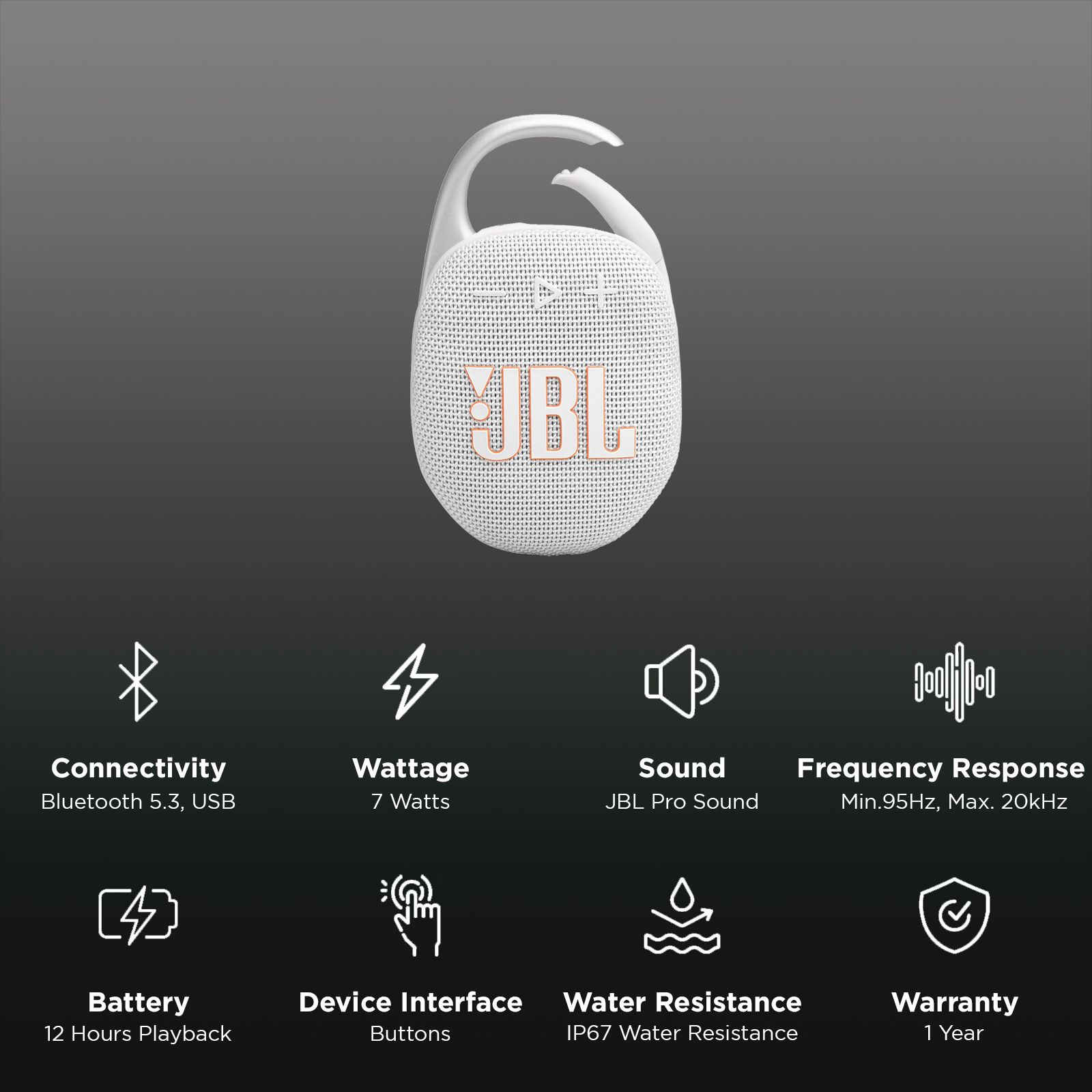 JBL Clip 5 7W Portable Bluetooth Speaker (IP67 Water Proof, Supports Auracast, White)_2