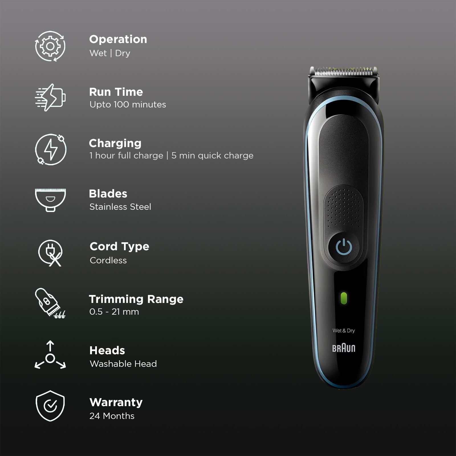 BRAUN MGK5380 9-in-1 Rechargeable Cordless Grooming Kit for Face, Hair, Ear, Nose & Body for Men (100mins Runtime, Quick Charging, Black)_2