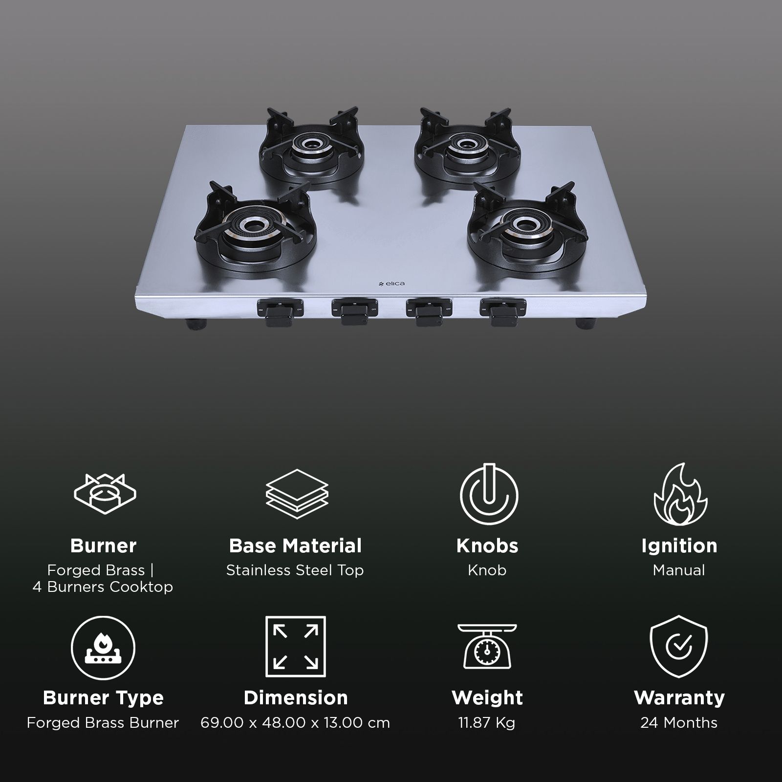 elica INOX HD 4B 69 4 Burner Manual Gas Stove (Round Euro Coated Pan Support, Stainless Steel)_3