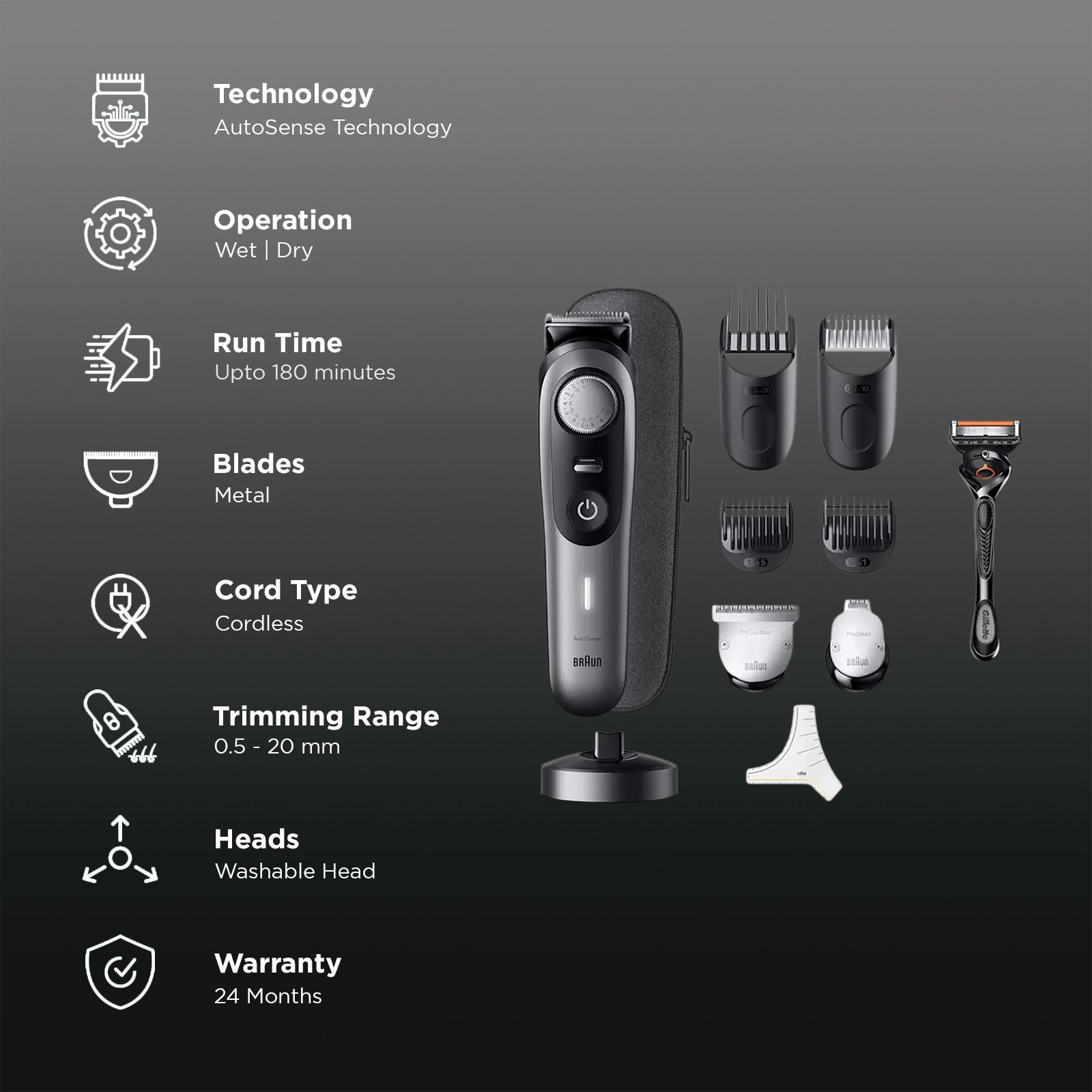 Braun Series 9 Rechargeable Cordless Wet & Dry Trimmer for Beard with 40 Length Settings for Men (180mins Runtime, AutoSense Technology, Grey)_2