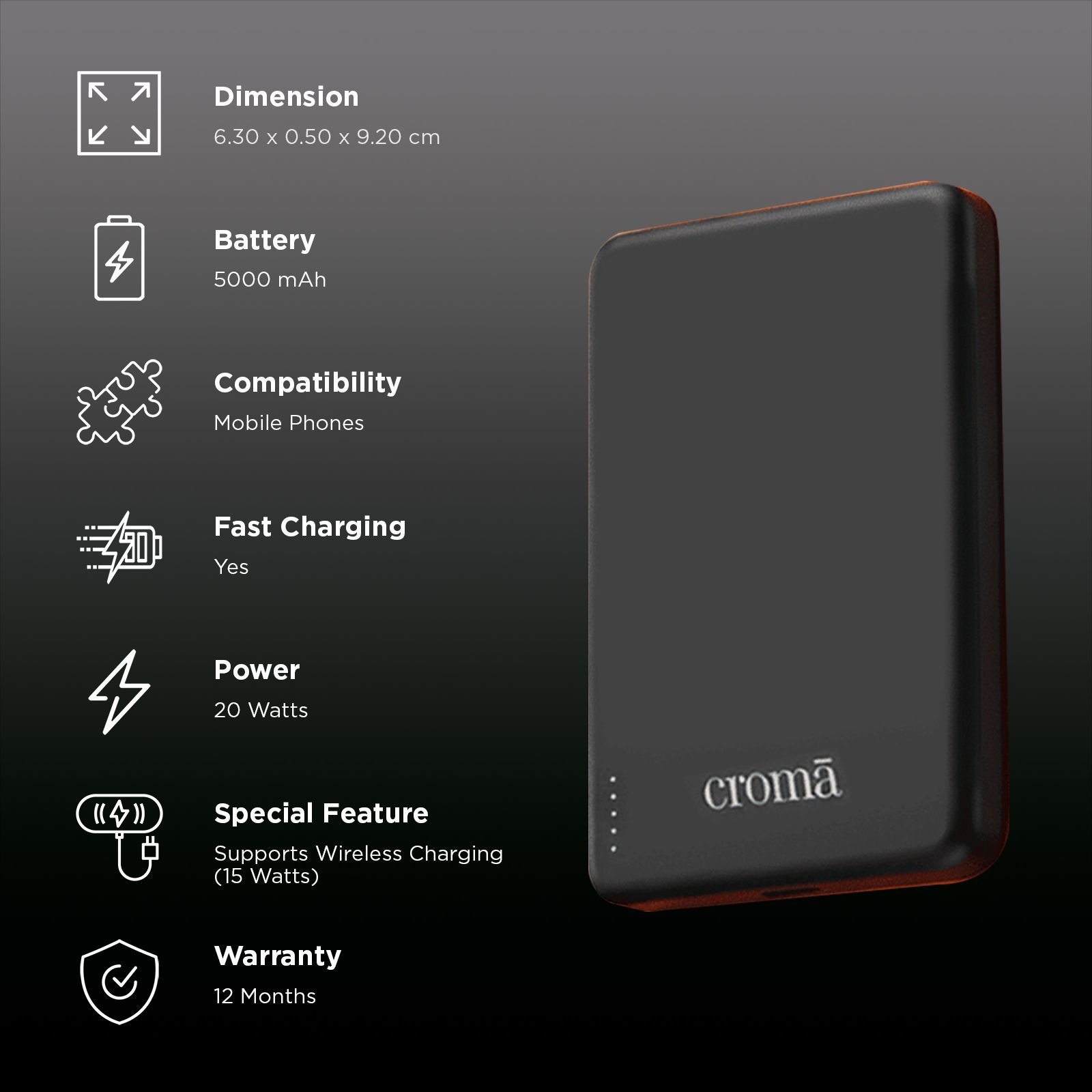Croma 5000 mAh 20W Fast Charging Power Bank (1 Type C Port, Aluminium Casing, Short Circuit Protection, Black)_3