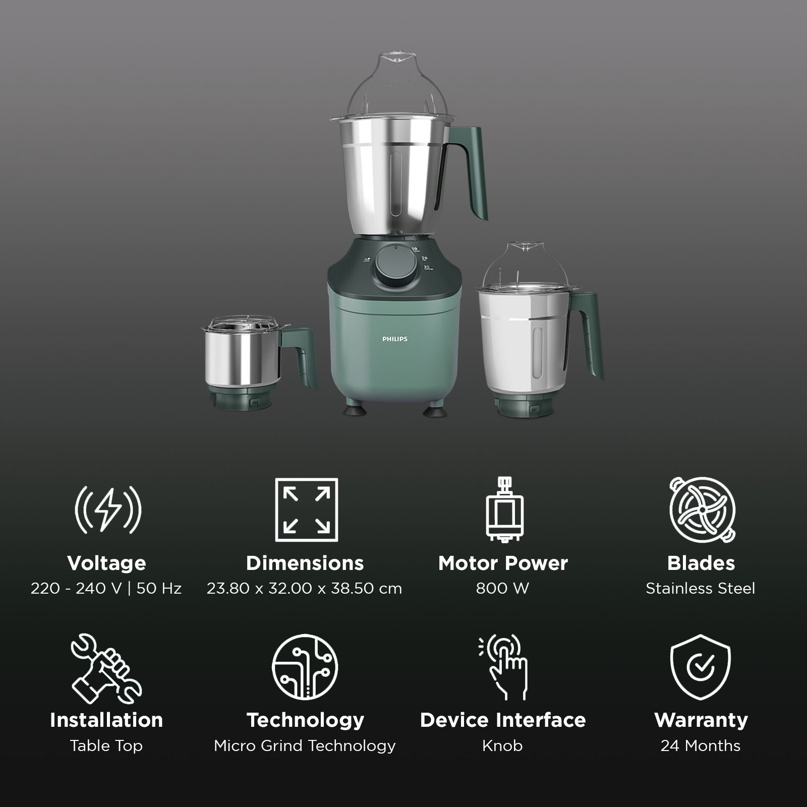 PHILIPS 800 Watt 3 Jars Mixer Grinder (MicroGrind Technology, Green) PHILIPS 800 Watt 3 Jars Mixer Grinder (MicroGrind Technology, Green)_3