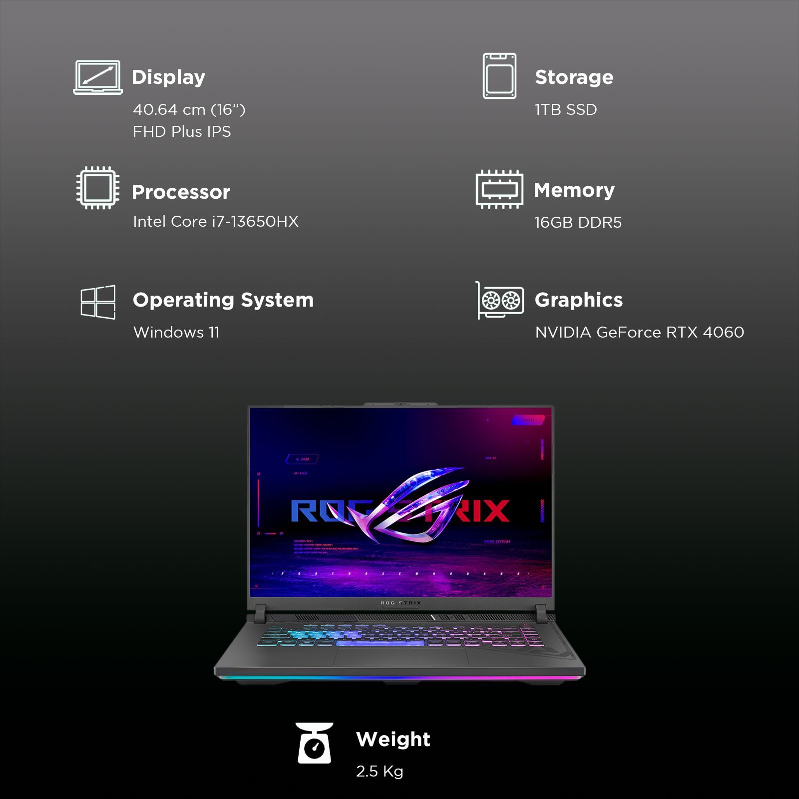 ASUS ROG Strix G16 Intel Core i7 13th Gen Gaming Laptop (16GB, 1TB SSD, Windows 11 Home, 8GB Graphics, 16 inch 165 Hz Full HD Plus Display, NVIDIA GeForce RTX 4060, MS Office Home 2024, Eclipse Gray, 2.5 KG)_3