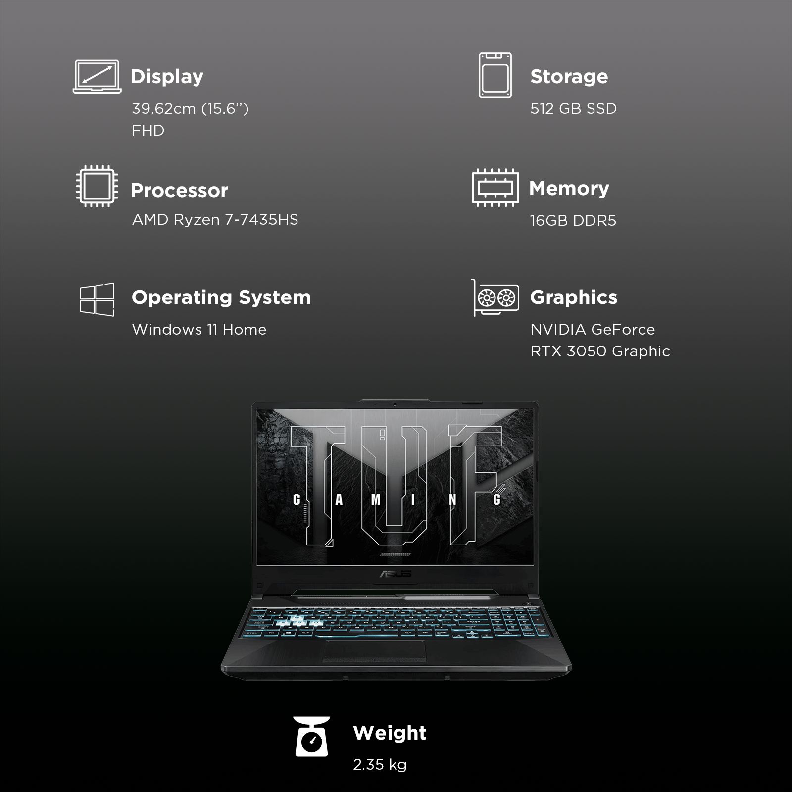 ASUS TUF Gaming A15 AMD Ryzen 7 7435HS Gaming Laptop (16GB, 512GB SSD, Windows 11 Home, 4GB Graphics, 15.6 inch 144 Hz FHD Display, NVIDIA GeForce RTX 3050, MS Office Home 2024, Graphite Black, 2.35 KG)_3
