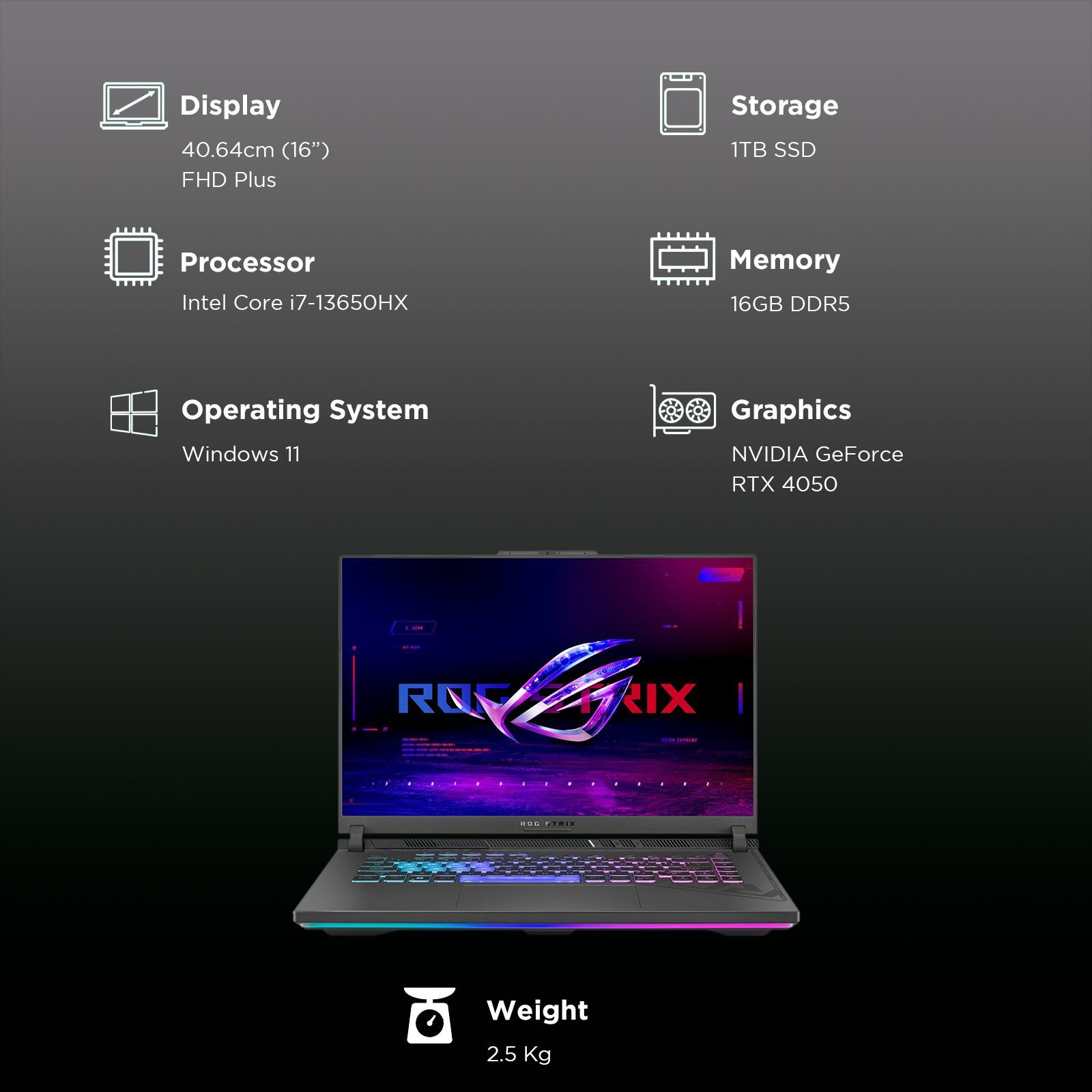 ASUS ROG Strix G16 Intel Core i7 13th Gen Gaming Laptop (16GB, 1TB SSD, Windows 11 Home, 6GB Graphics, 16 inch 165 Hz Full HD Plus Display, NVIDIA GeForce RTX 4050, MS Office Home 2024, Eclipse Gray, 2.5 KG)_3