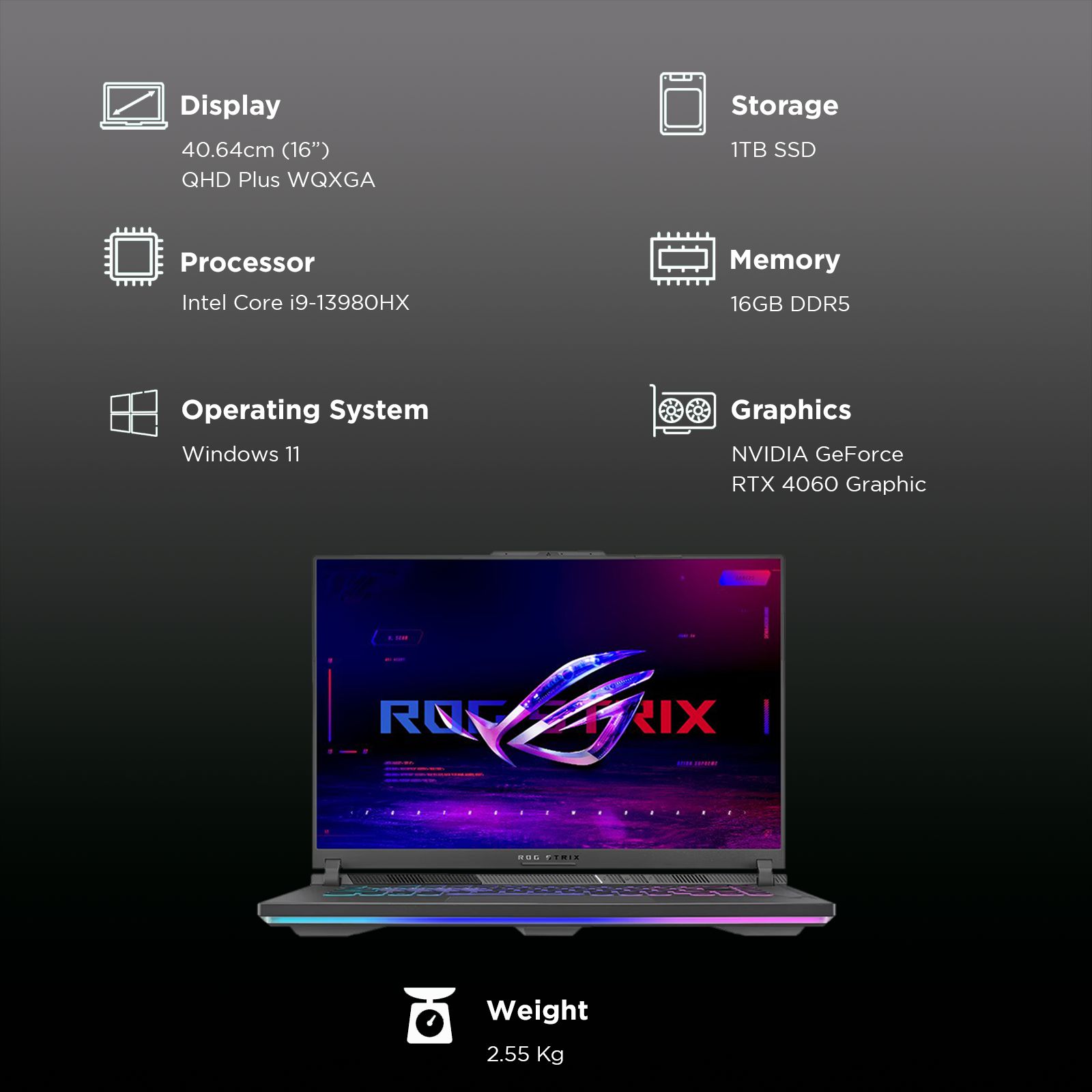 ASUS ROG Strix G16 Intel Core i9 13th Gen Gaming Laptop (16GB, 1TB SSD, Windows 11 Home, 8GB Graphics, 16 inch 240 Hz QHD Plus WQXGA Display, NVIDIA GeForce RTX 4060, MS Office Home 2024, Eclipse Gray, 2.55 KG)_3