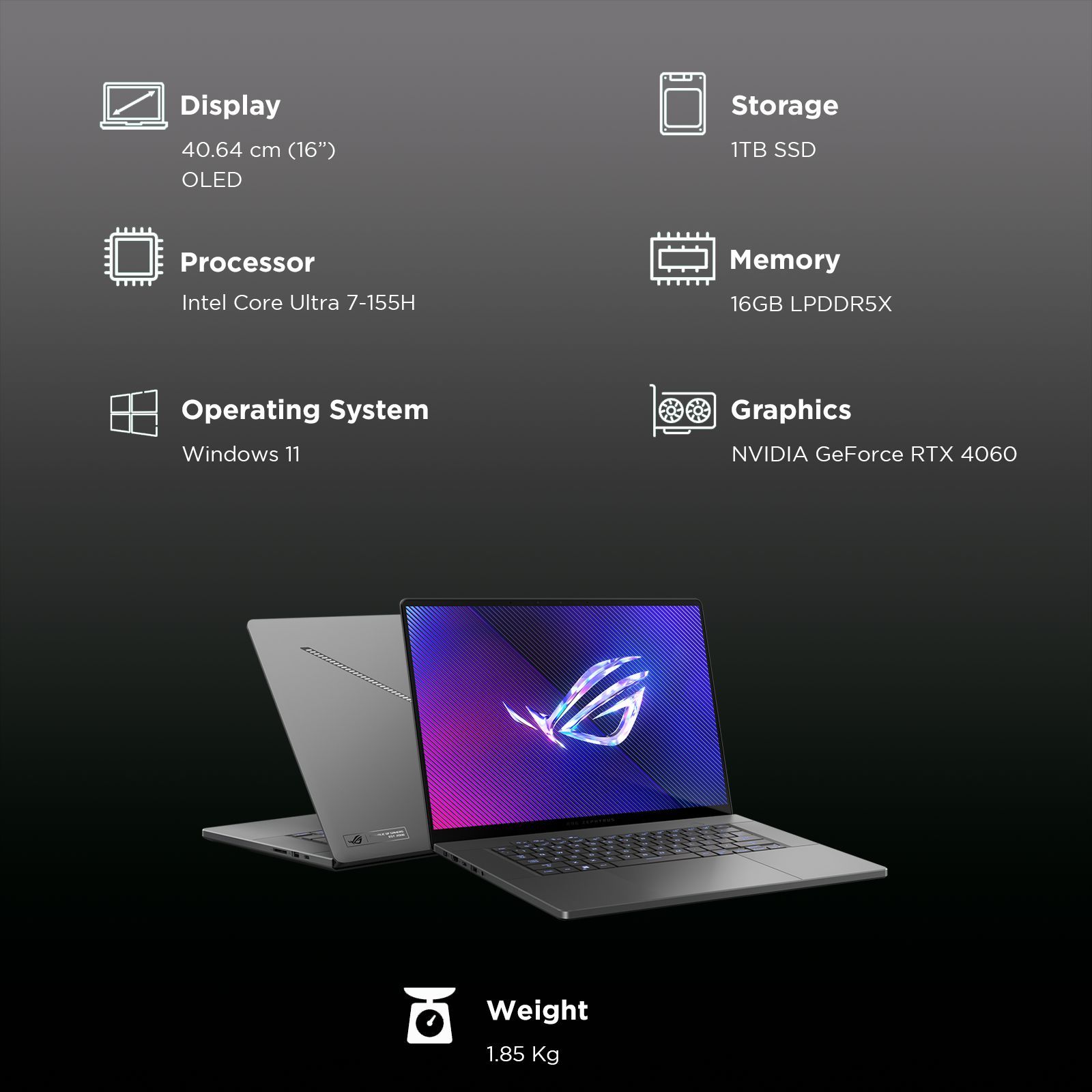 ASUS ROG Zephyrus G16 Intel Core Ultra 7 155H Gaming Laptop (16GB, 1TB SSD, Windows 11 Home, 8GB Graphics, 16 inch 240 Hz OLED Display, NVIDIA GeForce RTX 4060, MS Office Home 2024, Eclipse Gray, 1.85 KG)_3