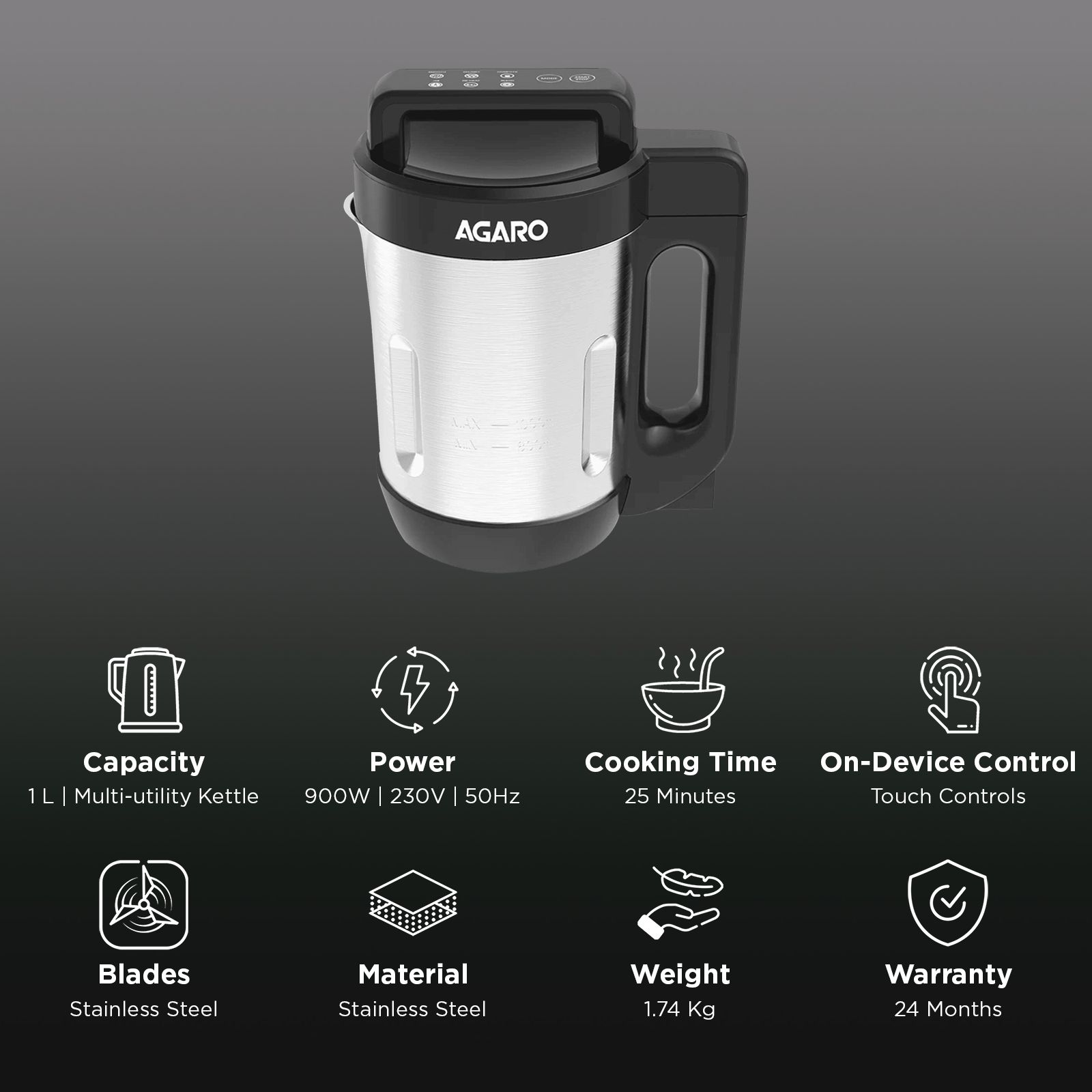 AGARO Elite 900 Watt 1 Litre Soup Maker with 6 Preset Cooking Functions (Grey)_3