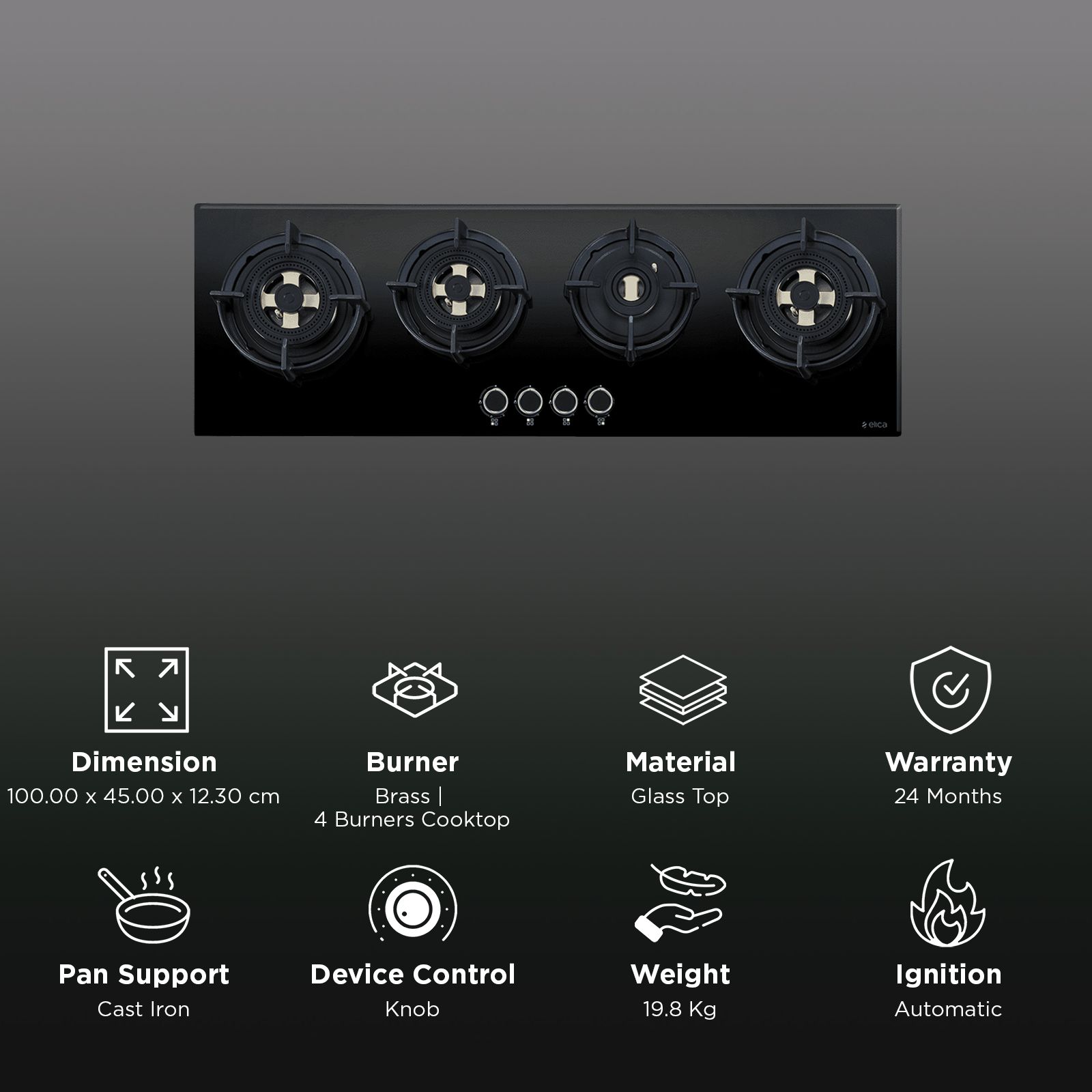 elica CT DFS FB MFC SERIES Glass Top 4 Burner Automatic Hob (Full Brass Heavy Duty Direct Multi-flame Burners, Black)_3
