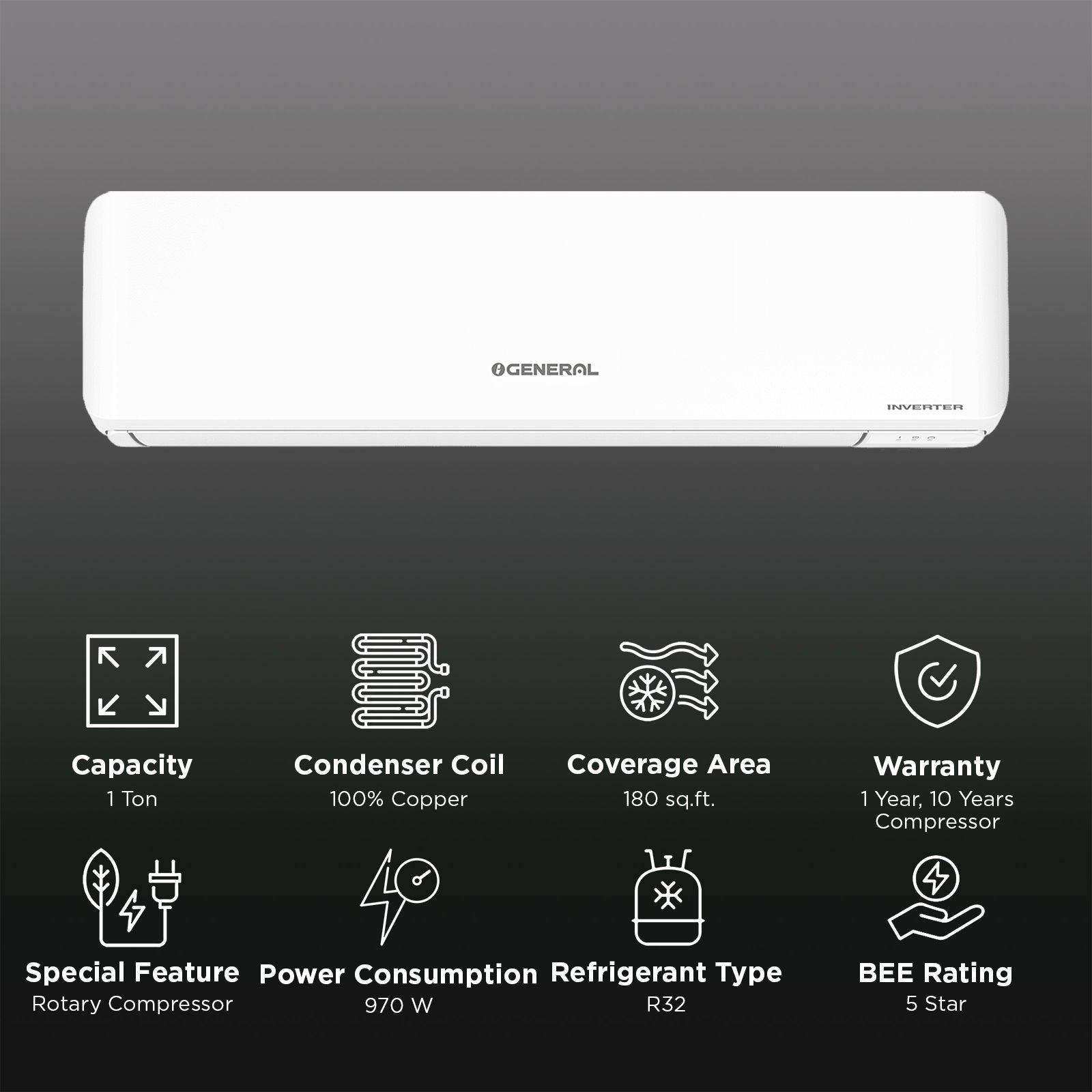 O GENERAL Advanced Hyper Tropical 1 Ton 5 Star Inverter Split AC (Copper Condenser, PM 2.5 Filter, ASGG12CGAA-B)_2