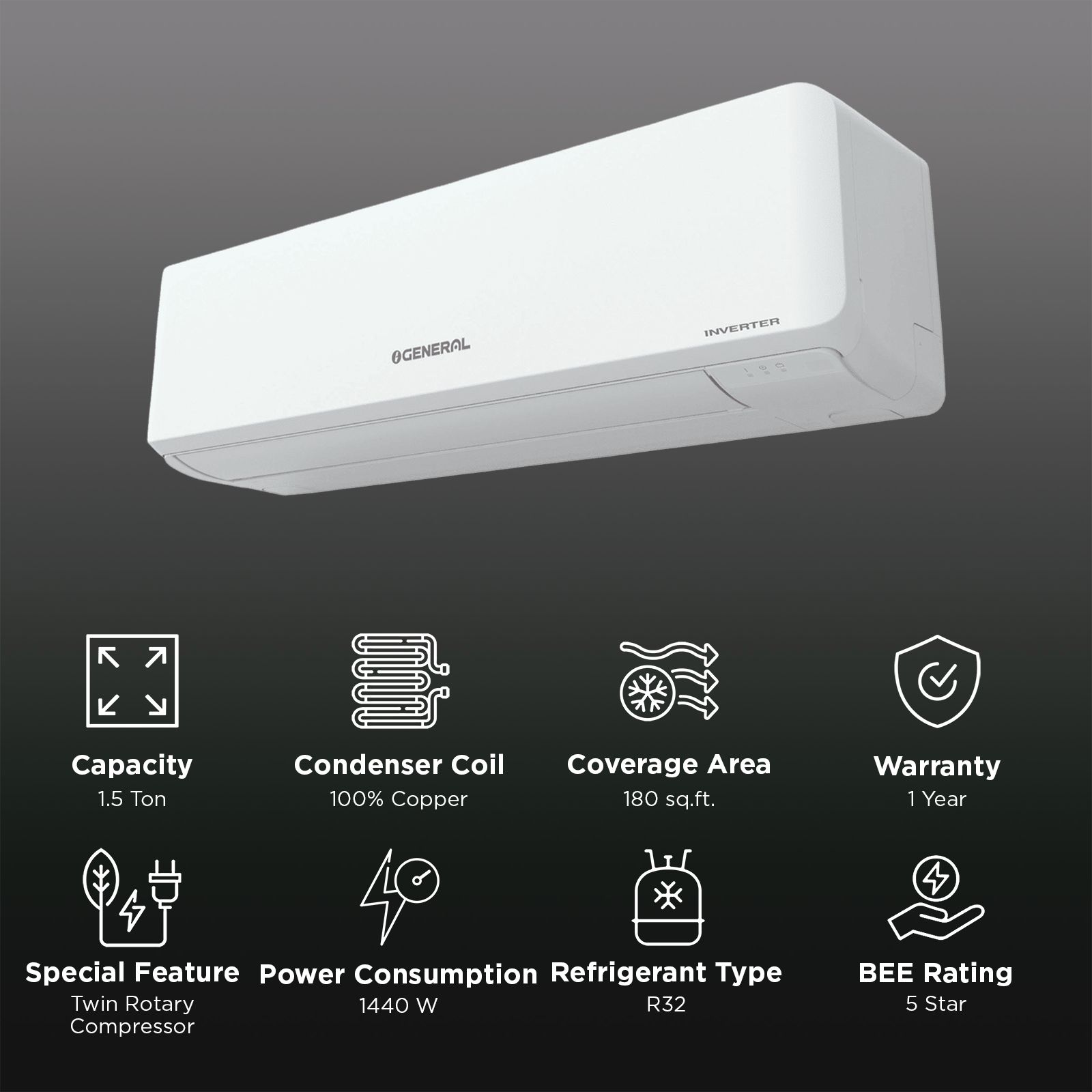 O GENERAL Advanced Hyper Tropical 1.5 Ton 5 Star Inverter Split AC (Copper Condenser, ASGG18CGAA-B) O GENERAL Advanced Hyper Tropical 1.5 Ton 5 Star Inverter Split AC (Copper Condenser, ASGG18CGAA-B)_2